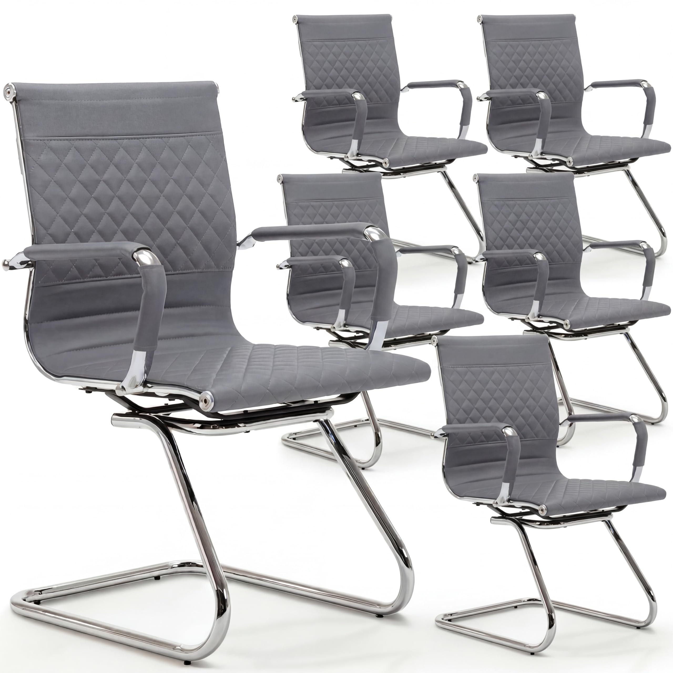 Office Chairs Set of 6 - PU Leather Desk Chair No Wheels with Arms - 400LB Capacity Sled Base Waiting Room Chairs, Modern Conference Chair for Home Office, Lobby, School Grey