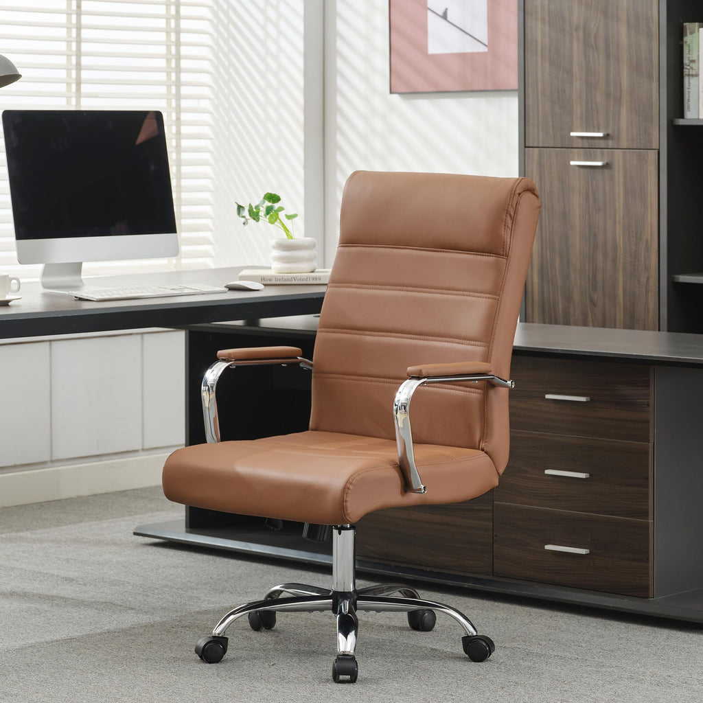 Modern Office Desk Chair, Conference Room Chairs, High Back Ergonomic Home ofiice Chair, Adjustable Height Swivel Executive Computer Chair with Padded Seat and Armrest (Brown)