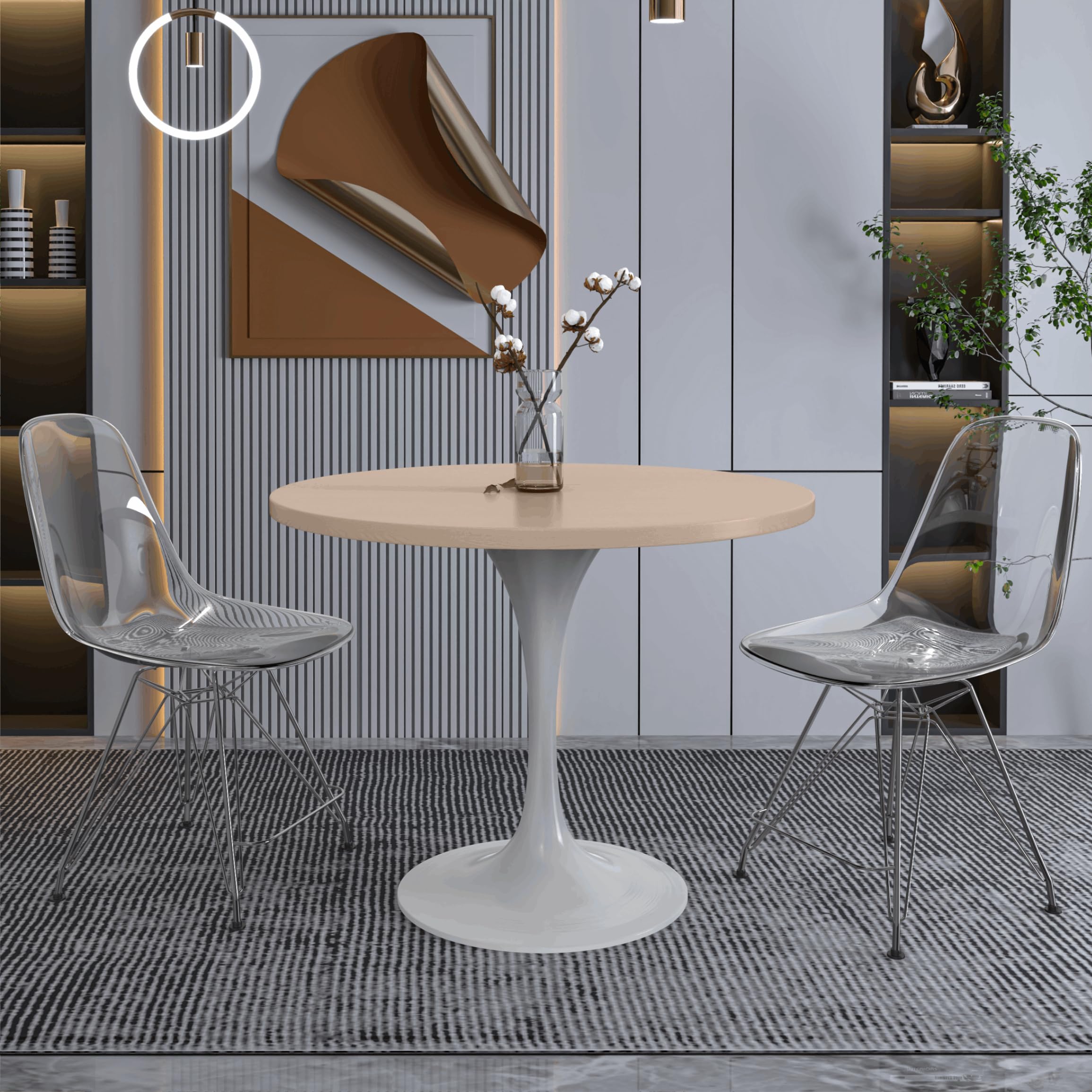 Verve Mid-Century Modern 36 Inch Round Dining Table, MDF Wood Tabletop with White Steel Pedestal Base, Contemporary Kitchen & Dining Room Table, for Small Spaces (Light Natural)