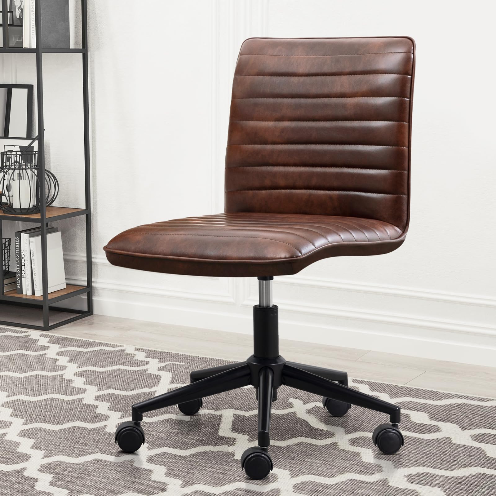 Leather Home Office Chair, Armless Vanity Desk Task Chair with Wheels 360° Swivel Computer Rolling Desk Chair with Back, Adjustable Accent Chair with Base Stool