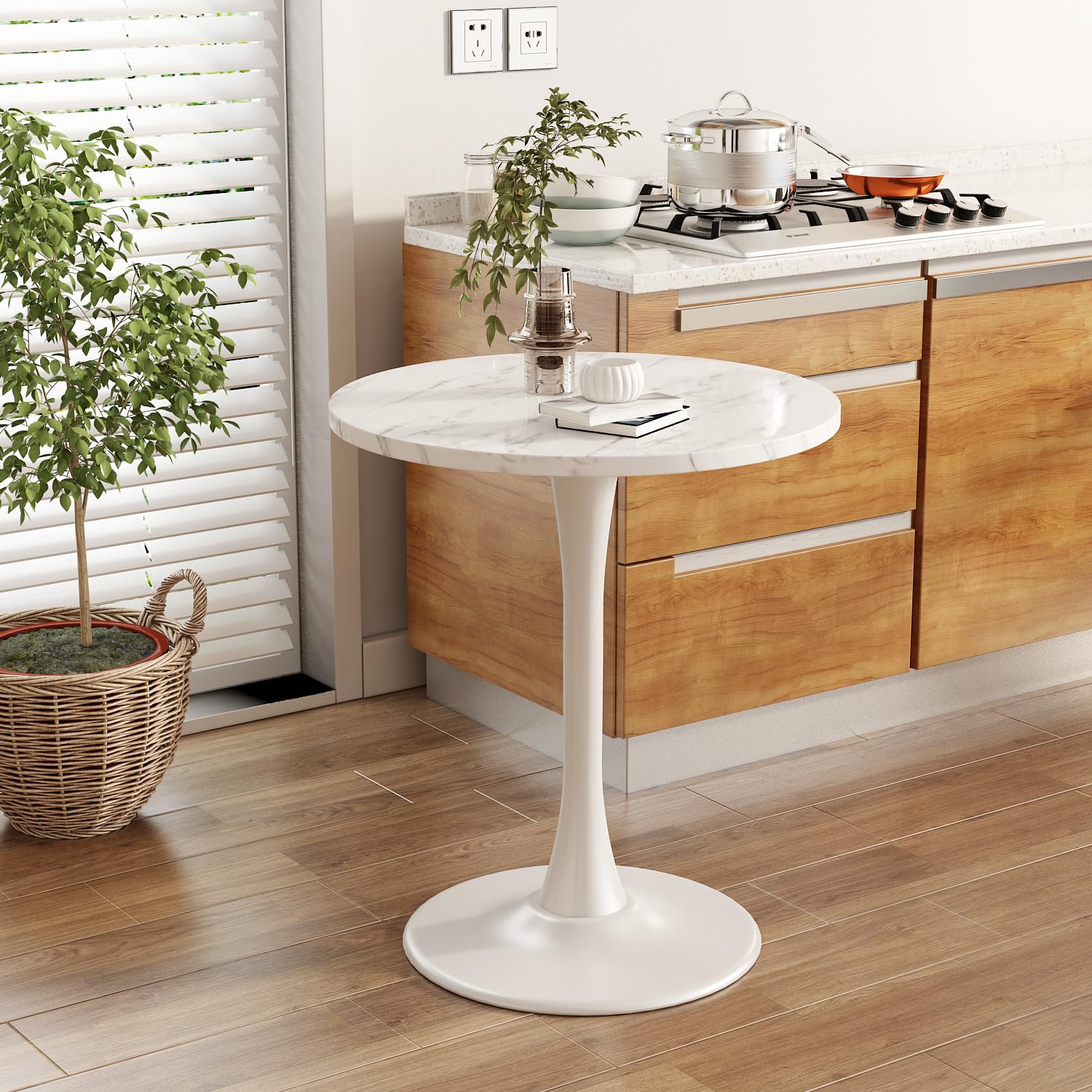 Kasinali White Marble Round Dining Table 24" Circle Tulip Table with Thickened Tabletop & Sturdy Metal Pedestal Mid Century Modern Leisure Bistro Kitchen Tables 2 People Small Places Living Room Cafe