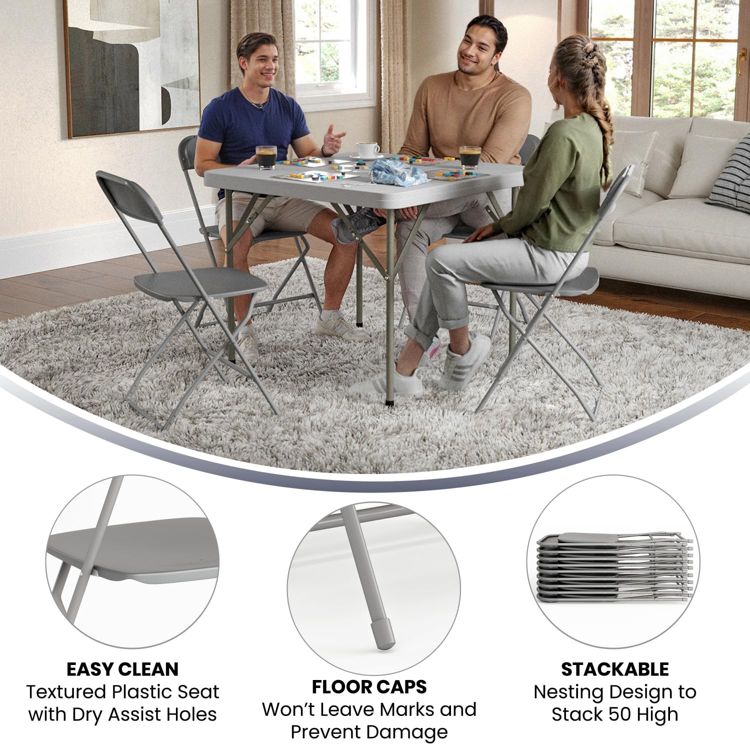 4 Pack, Hercules Series Plastic Folding Chair - Grey - 650LB Weight Capacity Comfortable Event Chair-Lightweight Folding Chair