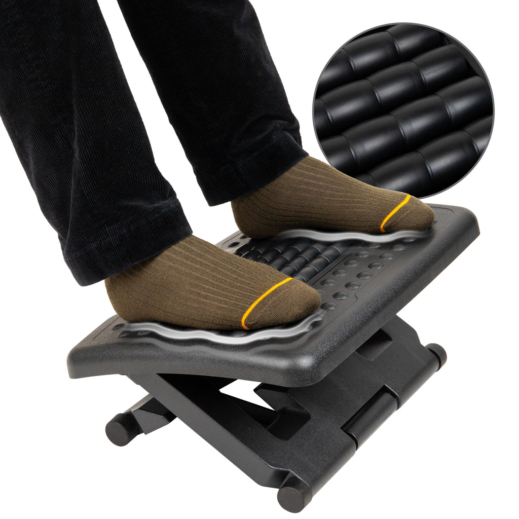 Adjustable Height Ergonomic Foot Rest with Massage Rollers, Black
