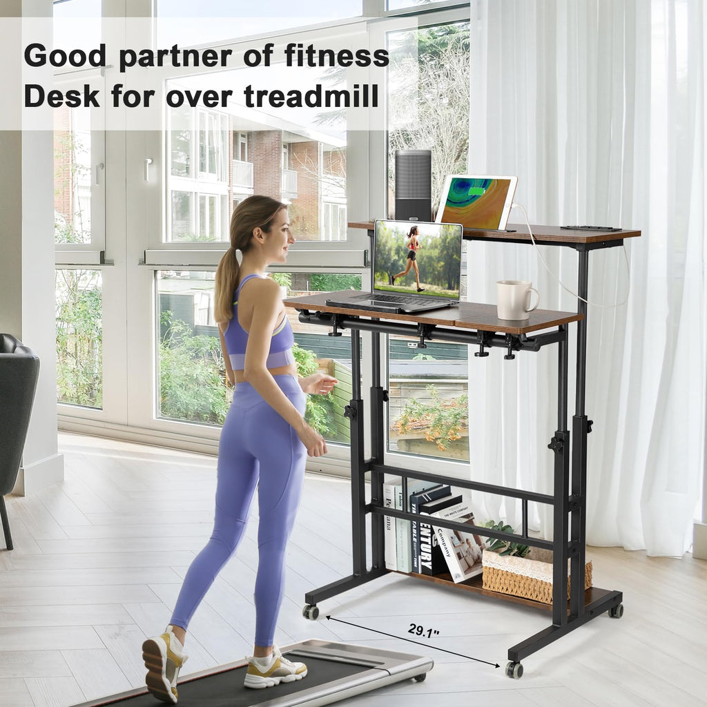 Mobile Standing Desk Adjustable Height, Rolling Desk Stand Up Desk, Mobile Laptop Desk, Rolling Computer Desk with Charging Station, Portable Desk with Wheels, Rustic Brown