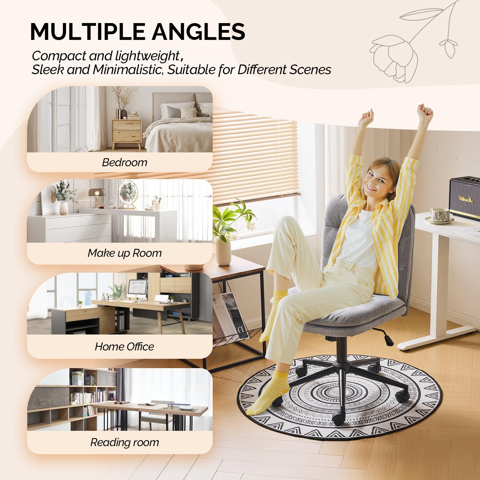 Mid Back Armless Office Desk Chair with Wheels/no Wheels,360°Rocking Swivel Vanity Chair with Thickened Cushion,Adjustable Height Rolling for Reading Room, Make up, Linen Dark Grey