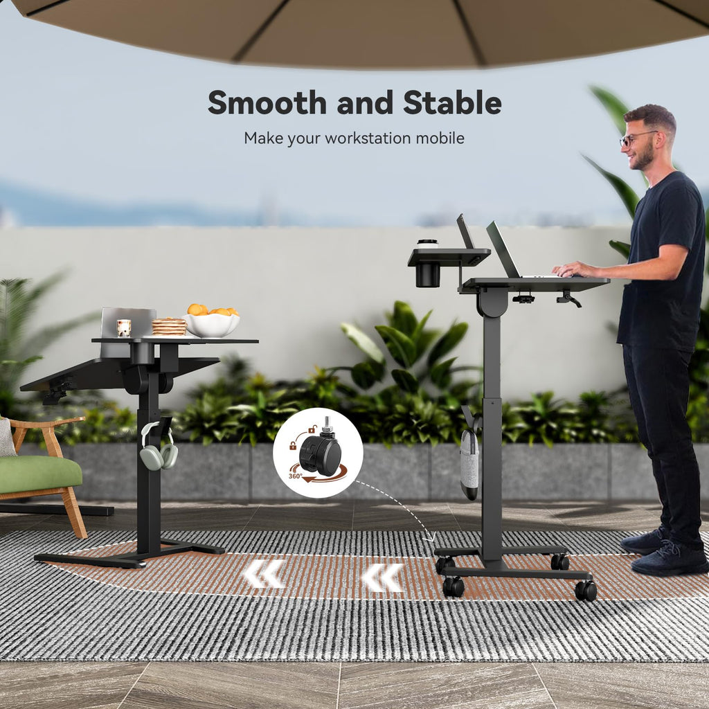 28Inch Rolling Standing Desk On Wheels， Small Computer Workstation Adjustable Height， Mobile Laptop Stand with Tiltable Desktop， 2-Tier Portable Study Table with Storage Shelves， Black