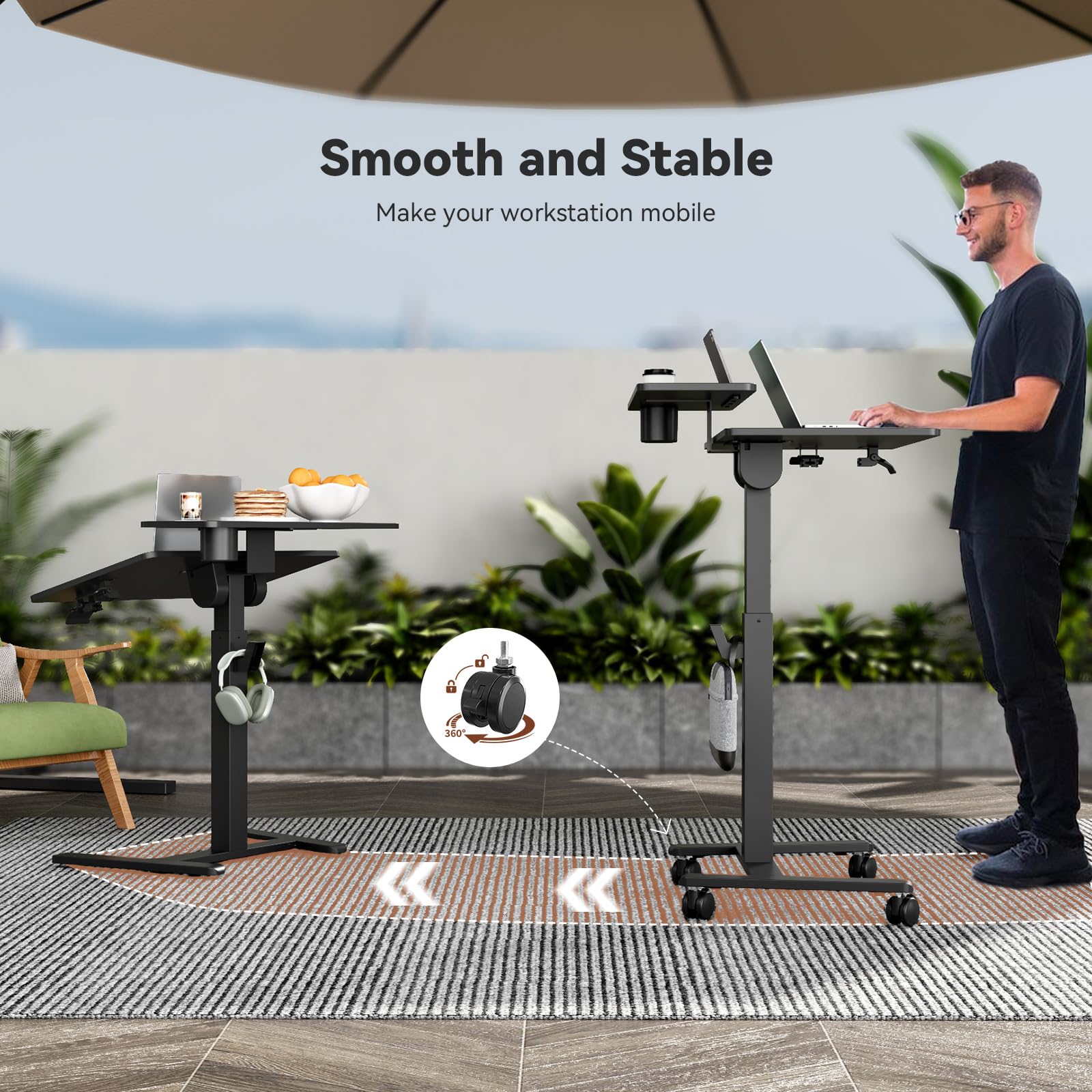 28Inch Rolling Standing Desk On Wheels， Small Computer Workstation Adjustable Height， Mobile Laptop Stand with Tiltable Desktop， 2-Tier Portable Study Table with Storage Shelves， Black