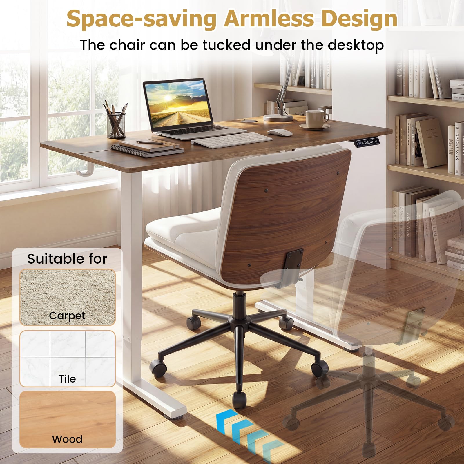 Armless Office Chair with Wheels, PU Leather Height Adjustable Vanity Chair w/Curved Backrest, Mid-Back Criss Cross 360° Swivel Ergonomic Computer Desk Chair for Home Office & Bedroom (White)