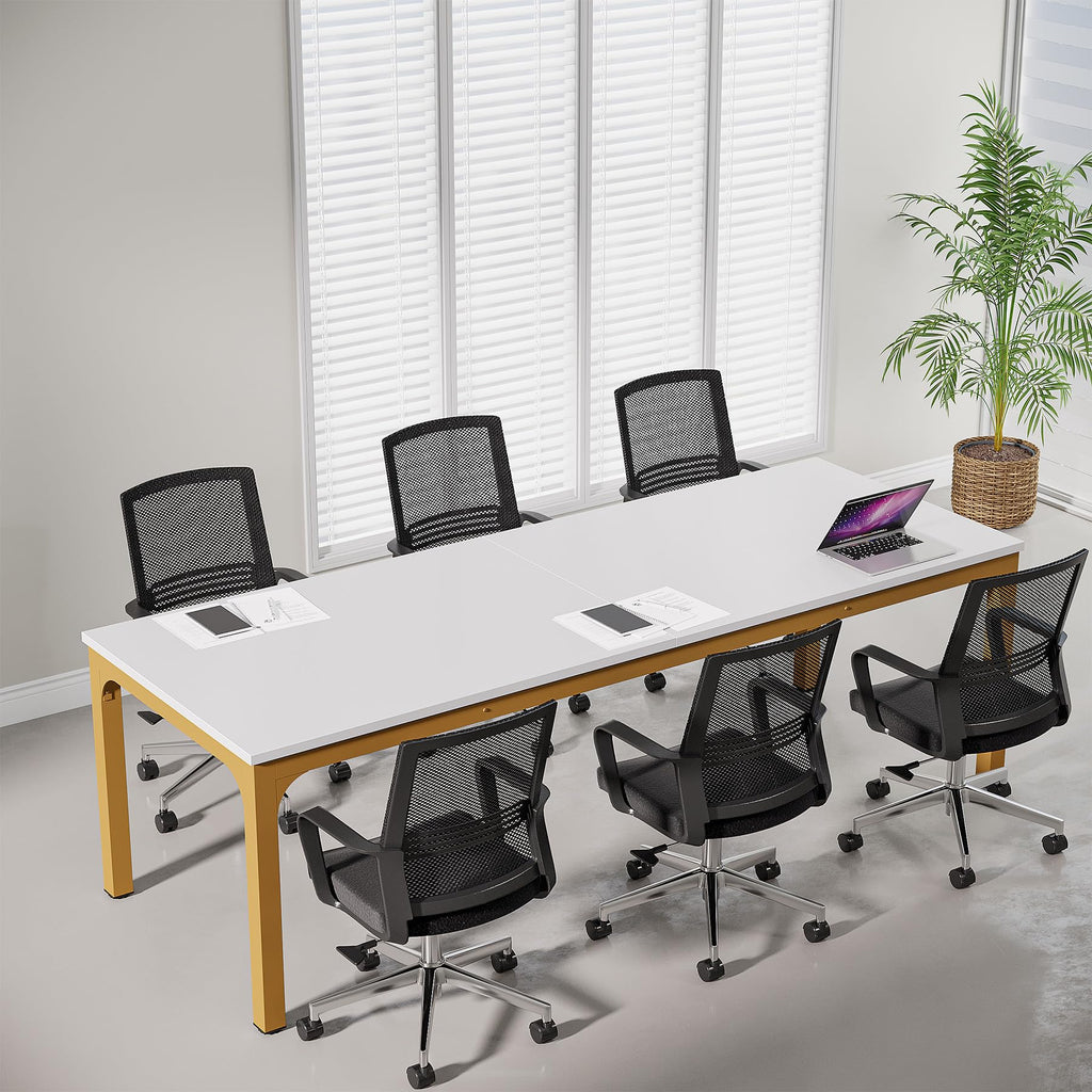 6.5 FT Conference Room Table, 78.74" W x 27.56" D Large Office Conference Table, Modern Seminar Meeting Table Desk for Boardroom, Meeting Room (1, White and Gold)