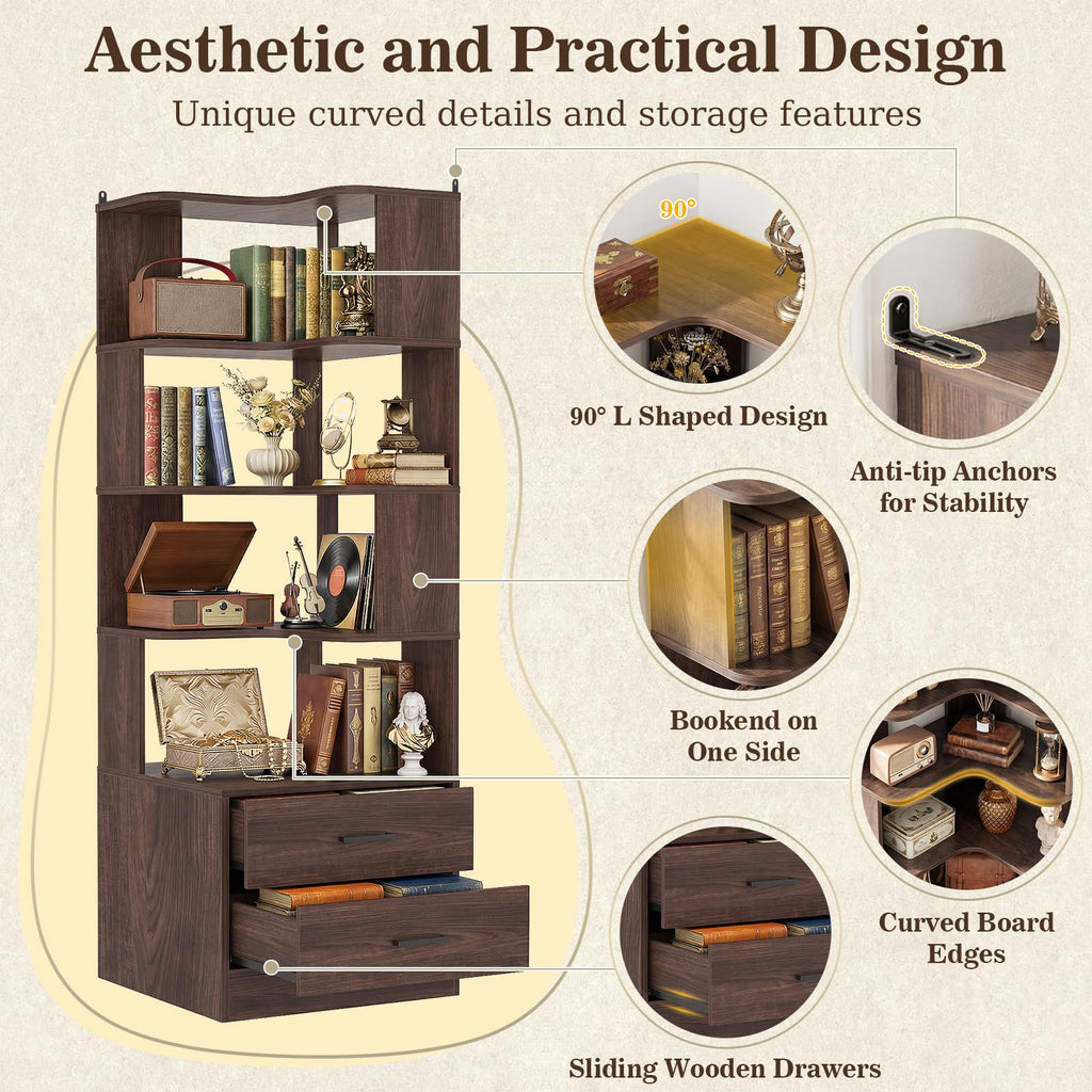 Corner Book Shelf with Drawers, Small Corner Shelf with Drawers