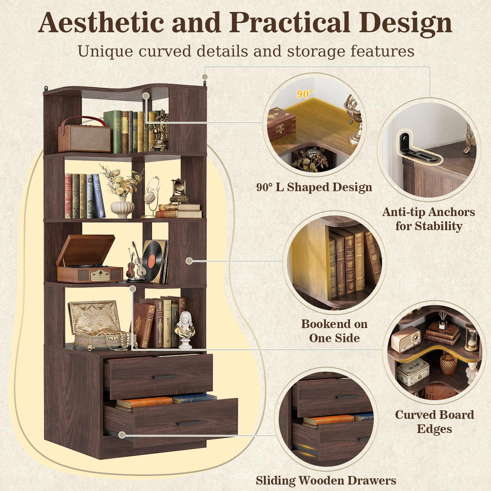 Corner Book Shelf with Drawers, Small Corner Shelf with Drawers