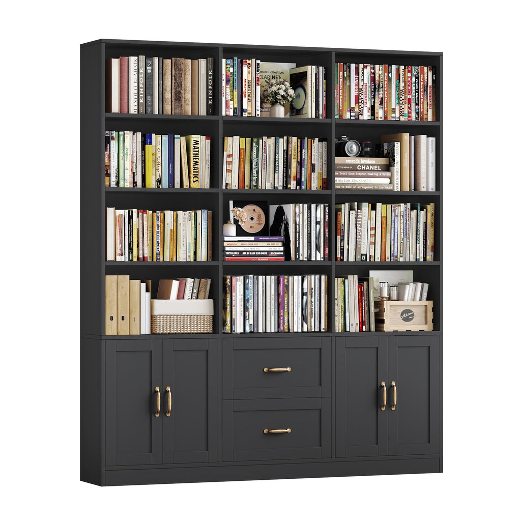 71" Tall Triple Wide Bookshelf with Storage Drawers & Doors, Black