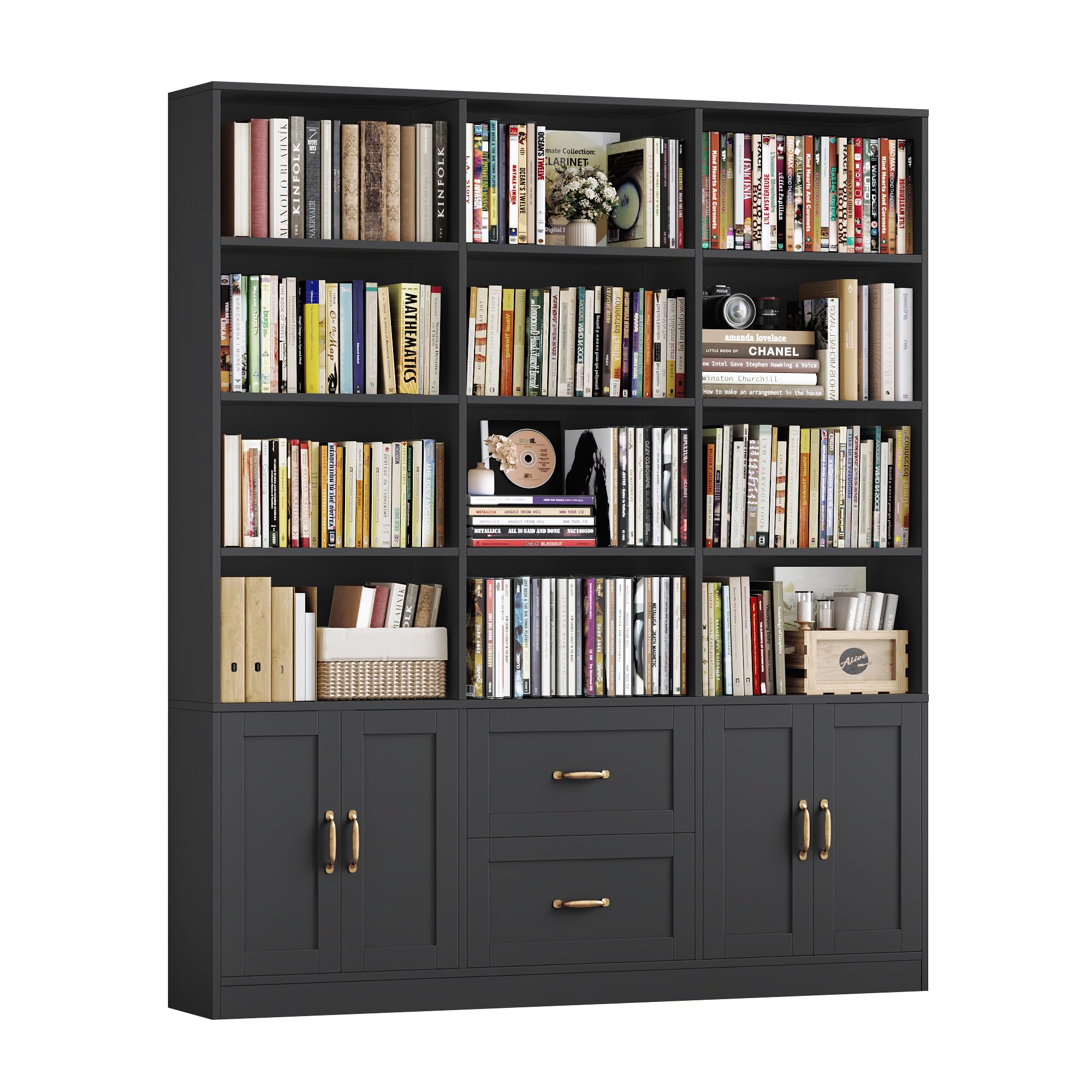 71" Tall Triple Wide Bookshelf with Storage Drawers & Doors, Black
