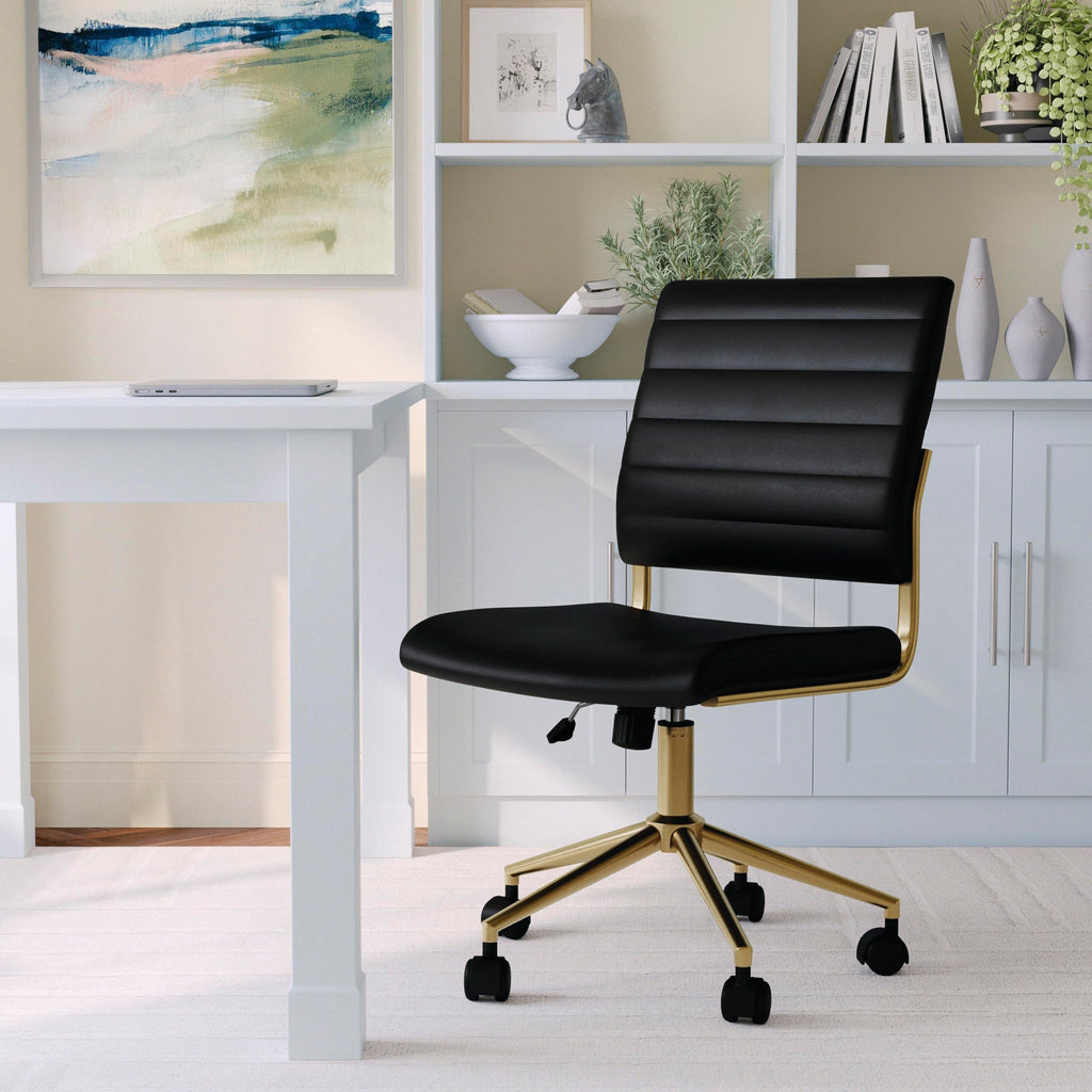Armless Swivel Task Chair for Home Office in Black Faux Leather with Polished Brass Frame