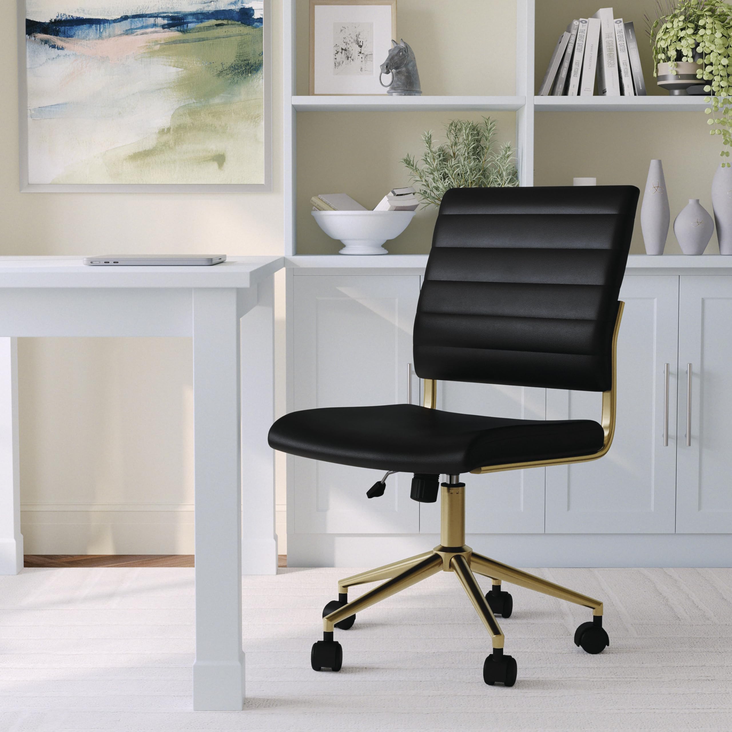 Armless Swivel Task Chair for Home Office in Black Faux Leather with Polished Brass Frame