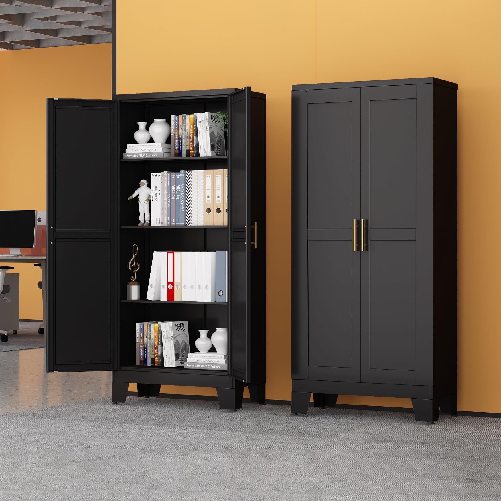 Black Metal Storage Cabinet, 61" Kitchen Pantry Cabinets for Office