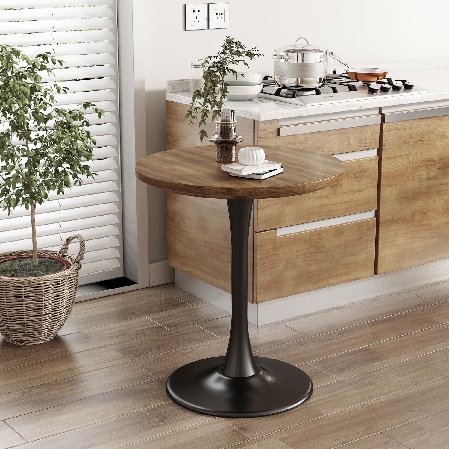 Kasinali Round Dining Table 24" Circle Tulip Table with Wood Thickened Tabletop & Sturdy Metal Pedestal Mid Century Modern Farmhouse Kitchen Tables 2 People Small Places Living Room Cafe,Somber Walnut