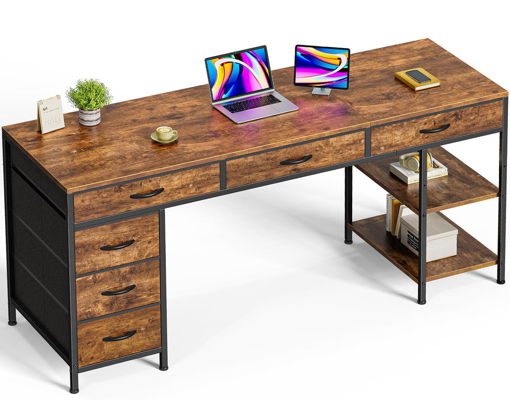 Computer Desk with 6 Drawers, Office Desk with Shelves, Reversible Gaming Desk, Large Corner Desk with Storage, Work for Home Office, Study, Living Room, 63inch, Rustic Brown