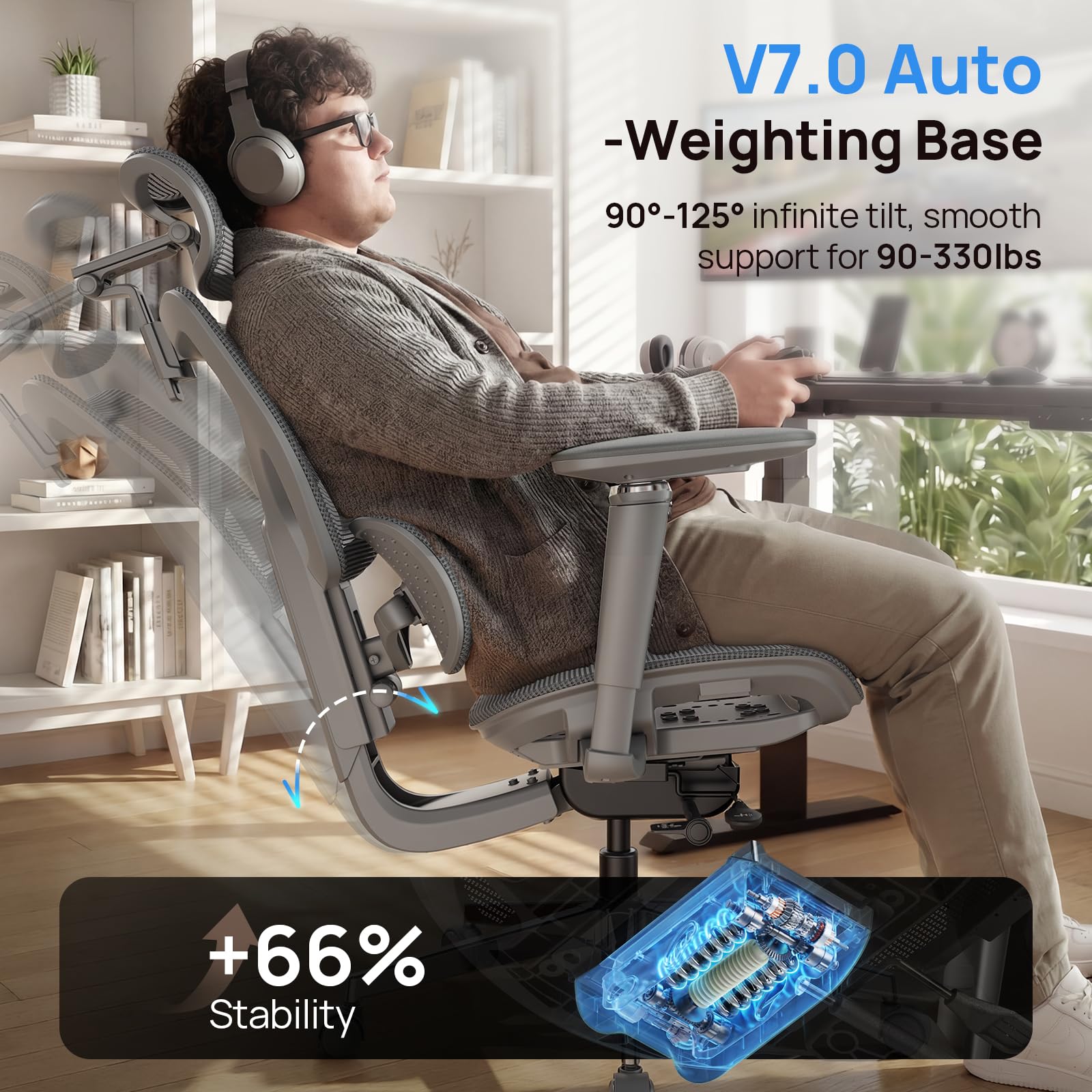 Ergonomic Office Chair with Adaptive Dual-Wing Lumbar Support - Over 10 Hours Sitting Comfortable Mesh Big and Tall Home Desk Chair, 4D Headrest, 630° Armrst, Seat Depth Adjustable