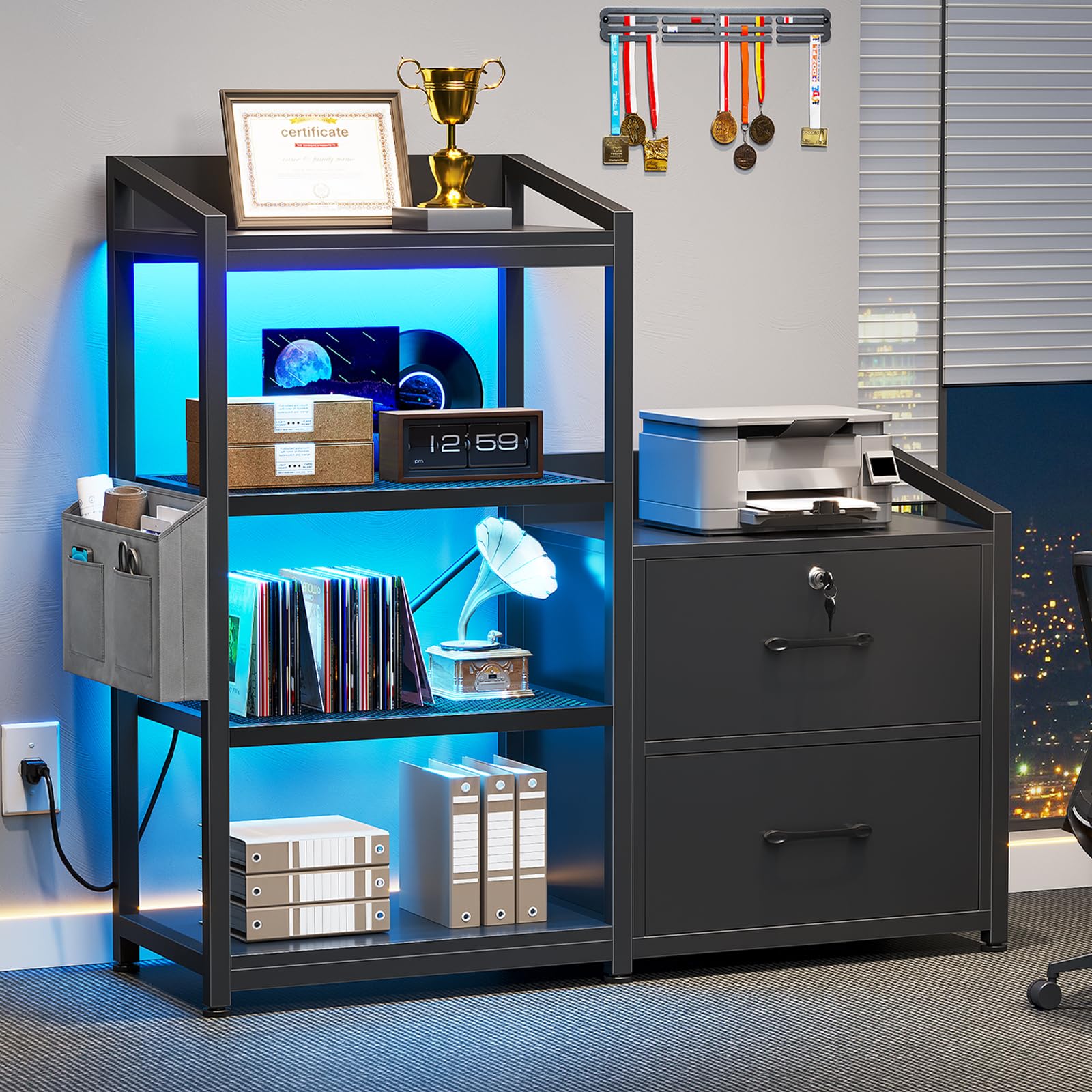 35.4” File Cabinet, Filing Cabinet fits Letter/A4 Size, 2 Drawe File Cabinets for Home Office with Power Strip, LED Lights, Lock, Open Shelf, Black