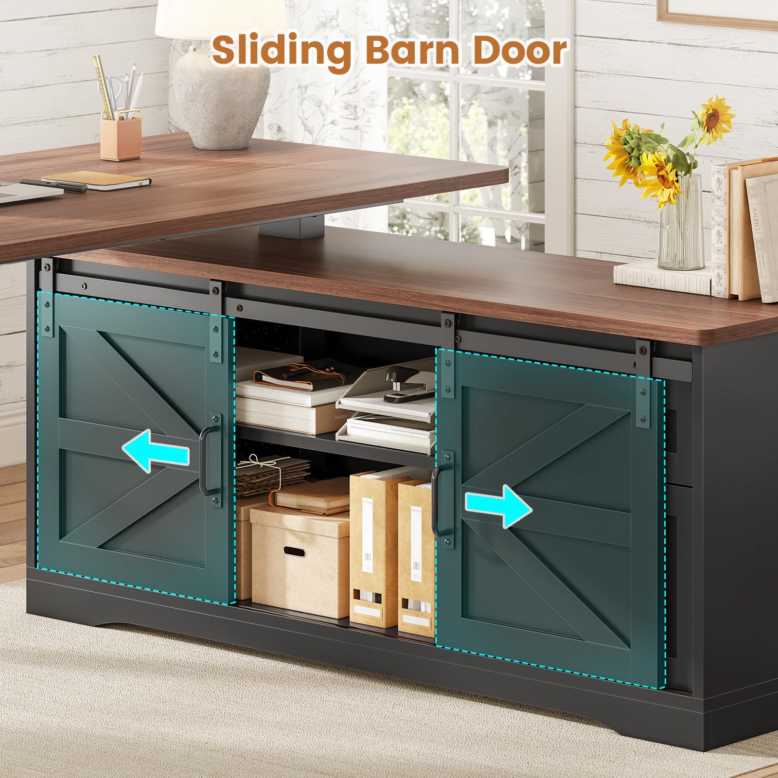 Farmhouse L Shaped Standing Desk, 55 inch Height Adjustable Corner Desk with Storage Drawers, Standing Computer Desks with Power Outlets for Home Office, Black