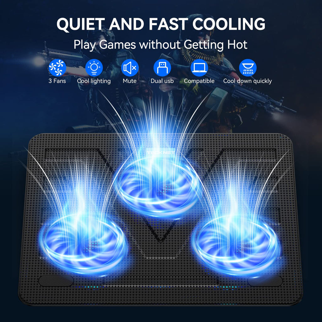 Laptop Cooling Pad, Portable Slim Quiet USB Powered Laptop Notebook Cooler Cooling Pad Stand Chill Mat with 3 Blue LED Fans, Fits 12-17 Inches (Black)