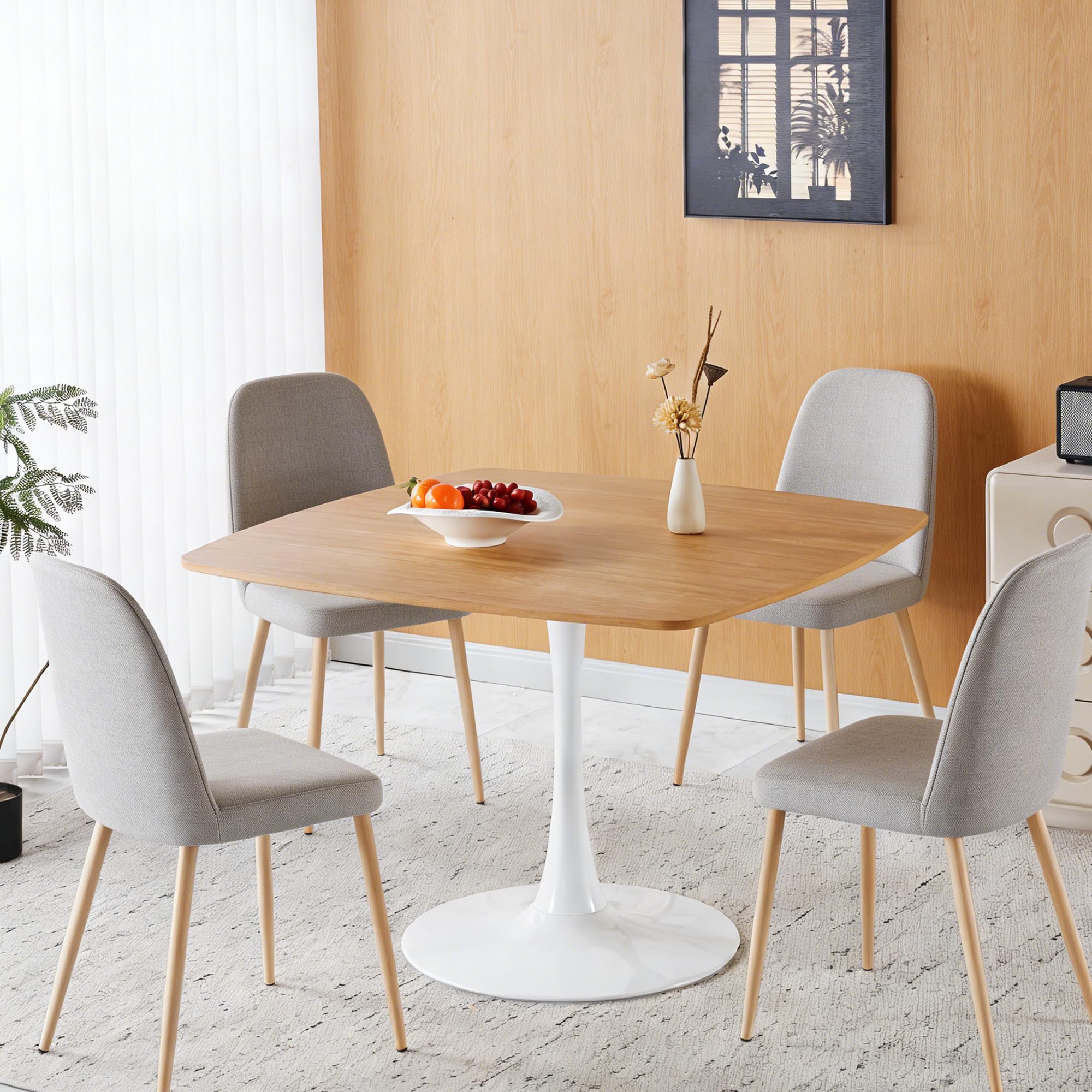 42 Inch Square Tulip Dining Table for 2-6 Person, Modern Mid-Century Kitchen Table with MDF Top & Oak Finish, Small Space Table for Apartment, Bistro, Cafe, Office and Living Room
