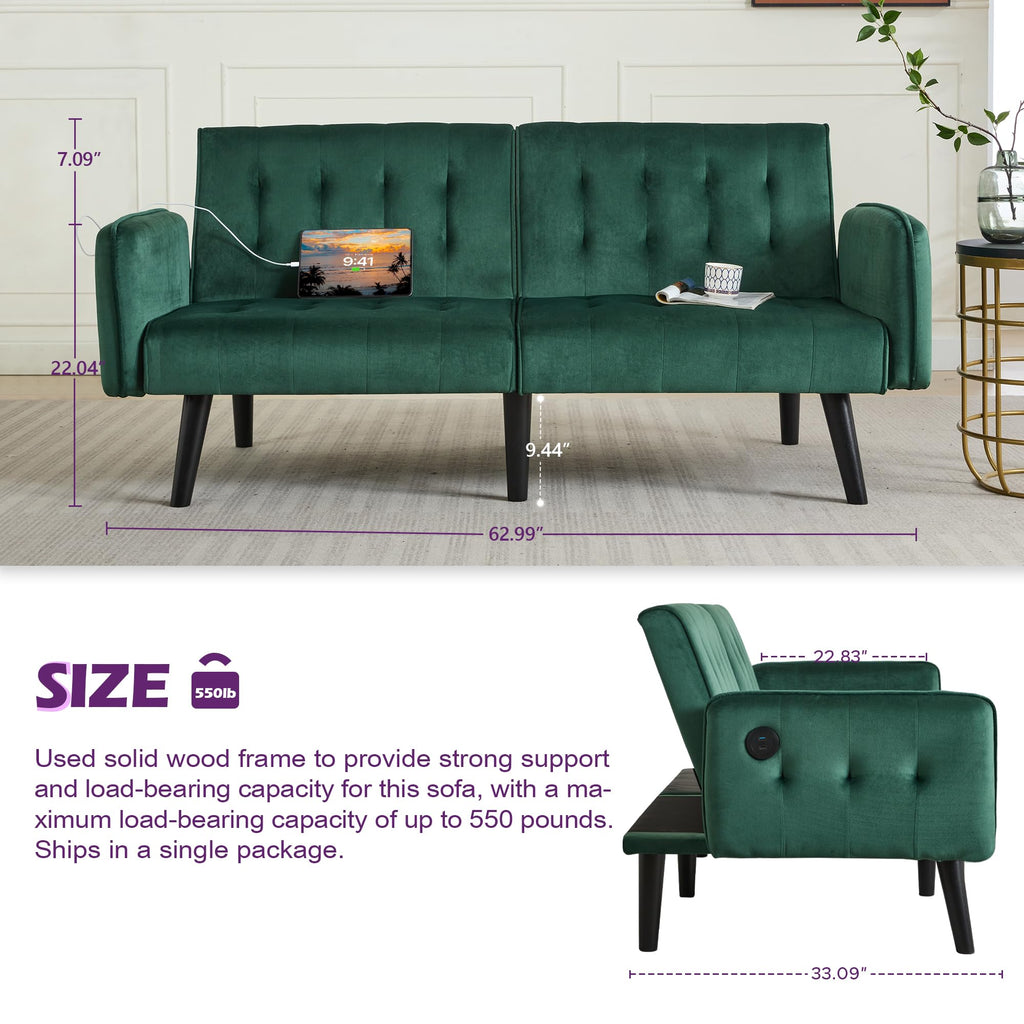65" W Velvet Modern Convertible Folding Futon Couch Sofa Bed w/ 2 USB Charging Ports and arms, Loveseat for Office, Living Room, Apartment, Bedroom (Green)