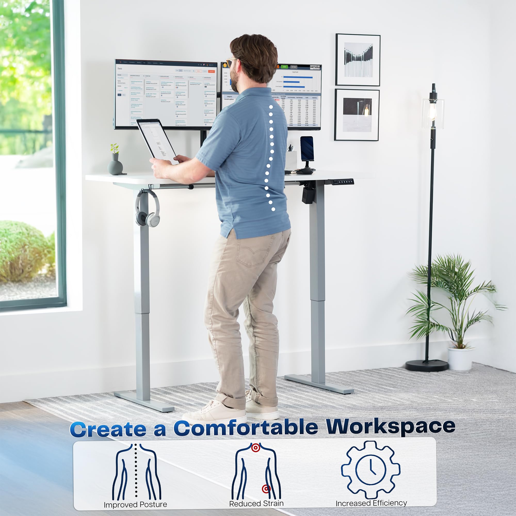 Electric 55 x 28 in Standing Desk, Memory Height Adjustment, 1B Series, Holds 220 lbs, One-Piece White Top, Gray Frame
