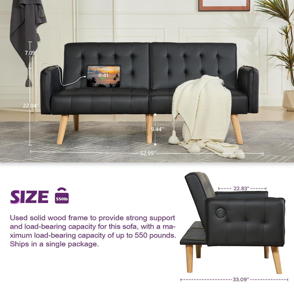 Faux Leather Convertible 65'' Folding Futon Sofa Bed w/ 2 USB, Loveseat for Small Space, Office, Apartment, Dorm, Living Room, Black