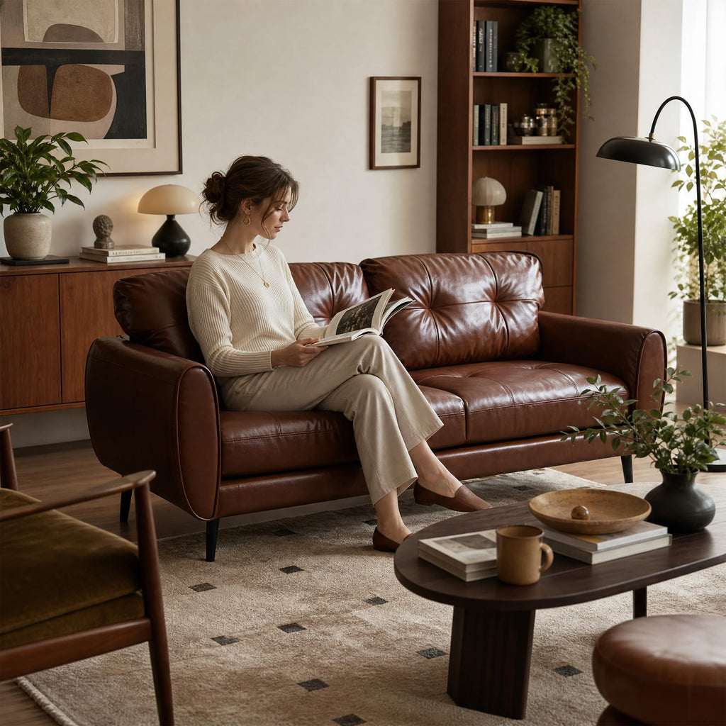 Sofa Couch 61" Small Loveseat Couches for Living Room Chestnut Brown Leather Couch Mid Century Modern Tufted Mini Sofa Comfy Office 2 Seat Settee Love Seat for Small Spaces Bedroom