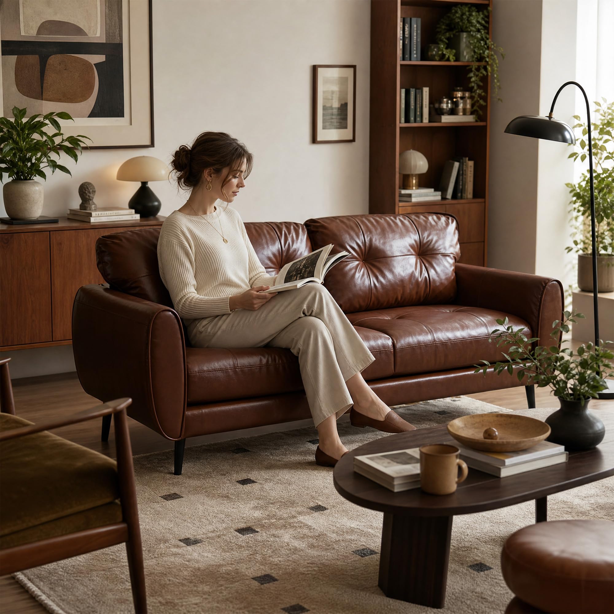 Sofa Couch 61" Small Loveseat Couches for Living Room Chestnut Brown Leather Couch Mid Century Modern Tufted Mini Sofa Comfy Office 2 Seat Settee Love Seat for Small Spaces Bedroom