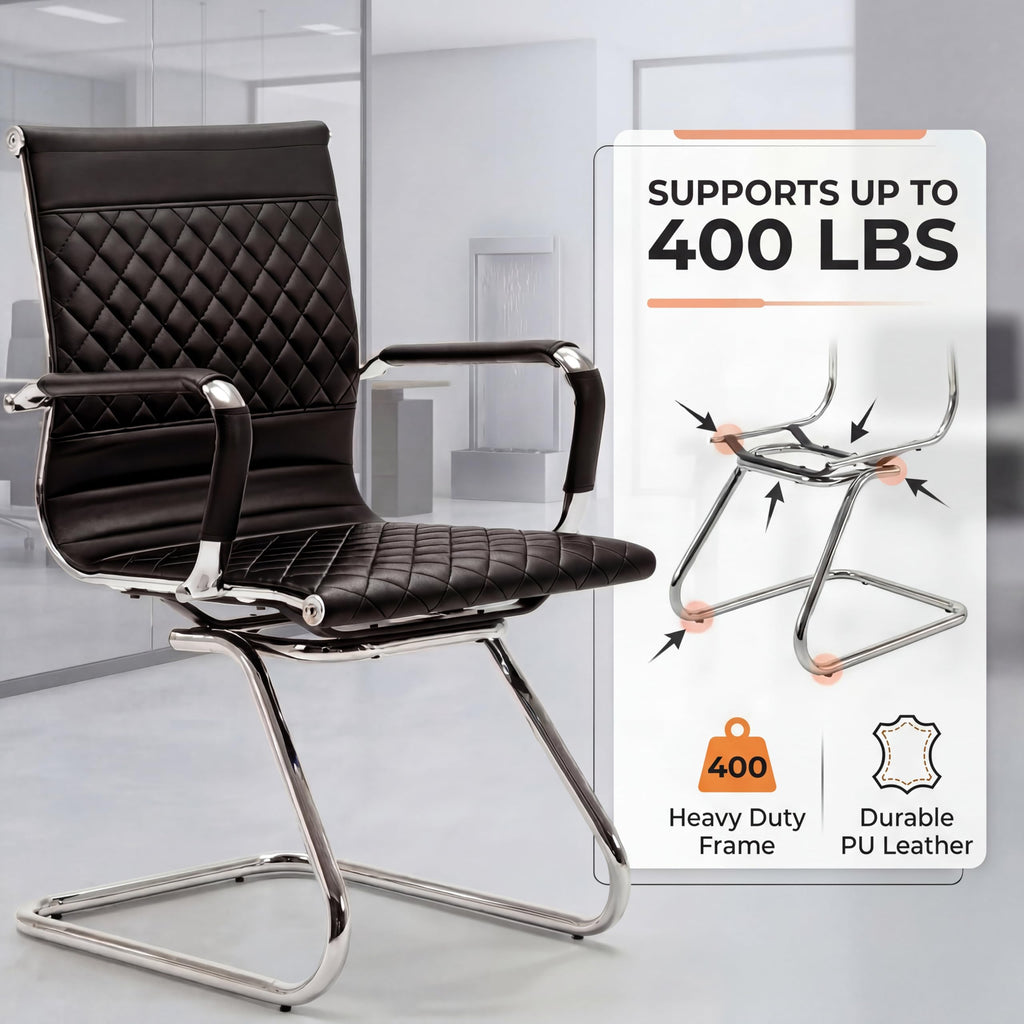 Office Chairs Set of 2 - PU Leather Chairs with Arms - Desk Chair No Wheels 400LB Capacity Sled Base, Modern Conference Chair for Home Office, Lobby, Salon Black