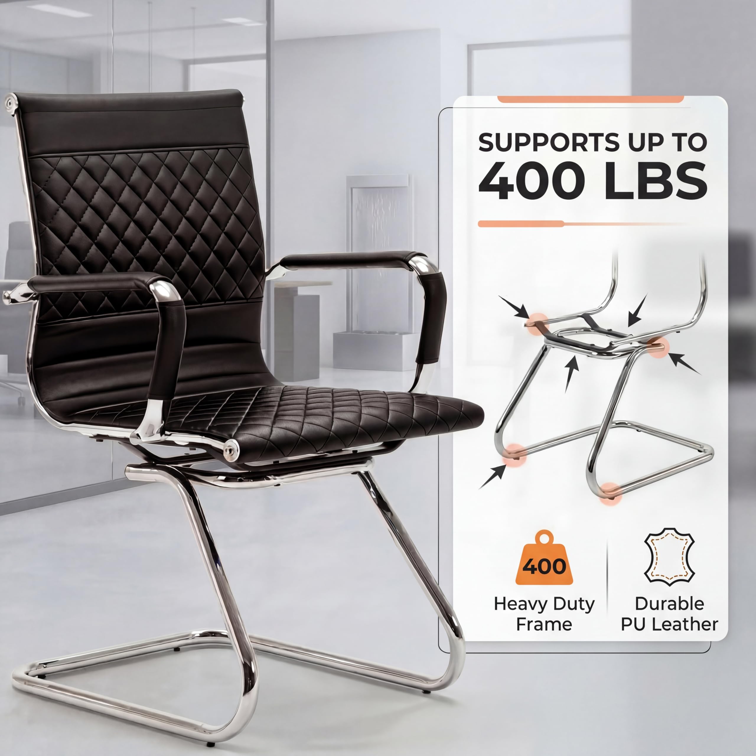 Office Chairs Set of 6 - PU Leather Desk Chair No Wheels with Arms - 400LB Capacity Sled Base Waiting Room Chairs, Modern Conference Chair for Home Office, Lobby, School Black