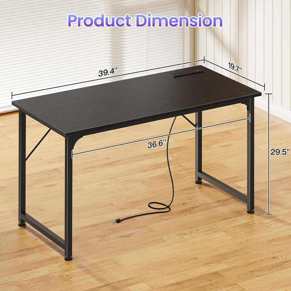 40 X 20 Inch Computer Desk with Power Outlets and USB-C Port, Gaming Office Desk with Deeper Desktop, Writing Work Desk for Home Office, Study, Bedroom, Work from Home Desk, Metal Frame, Black