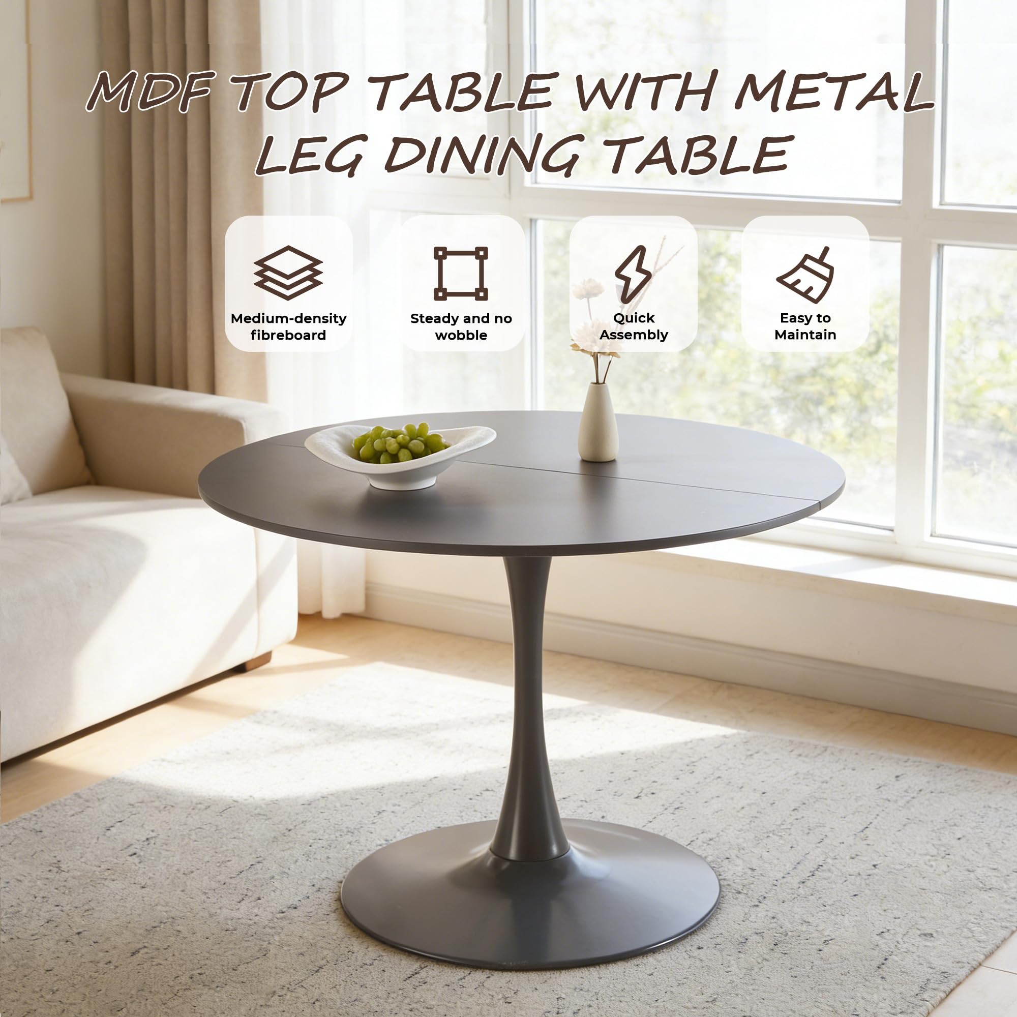 Sybrioka 42" Tulip Table for 4-6 Persons Modern Round Dining Room Table, Mid-Century Modern Grey Small Kitchen Table with MDF Wooden Top, Leisure Coffee Table for Living Room, Dining Room, Office