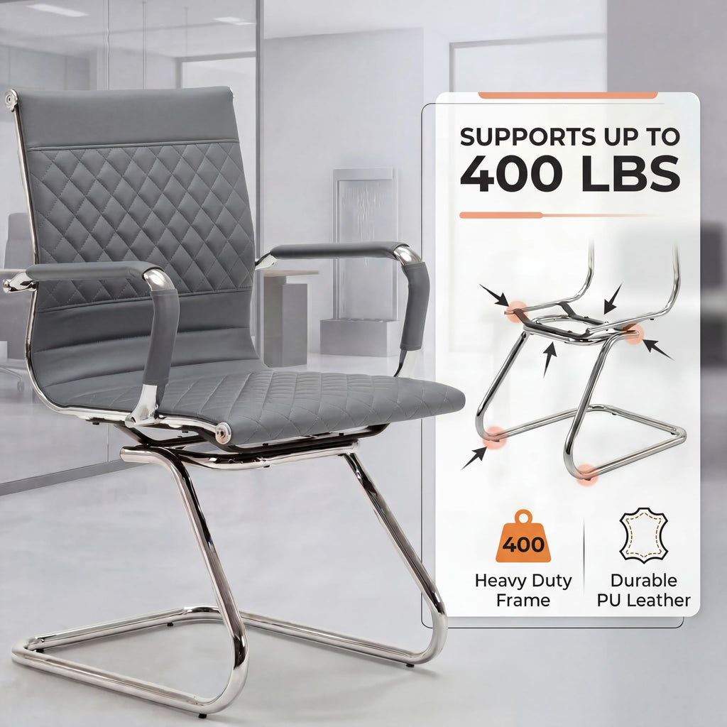 Office Chairs Set of 4 - PU Leather Desk Chair No Wheels with Arms - 400LB Capacity Sled Base Waiting Room Chairs, Modern Conference Chair for Home Office, Lobby, School Grey