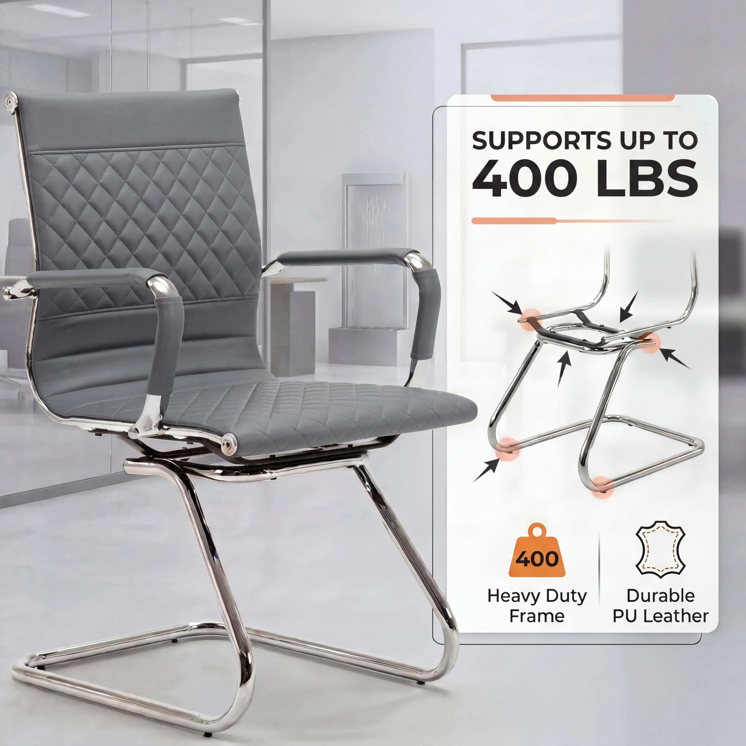 Office Chairs Set of 4 - PU Leather Desk Chair No Wheels with Arms - 400LB Capacity Sled Base Waiting Room Chairs, Modern Conference Chair for Home Office, Lobby, School Grey