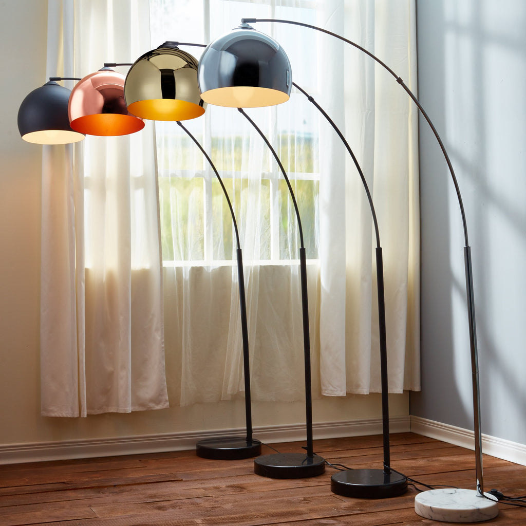 Arquer 68.1" Arc Floor Lamp for Living Rooms, Home Offices, Dining Rooms, Bedrooms with Faux White Marble Base and Chrome Bell Shade