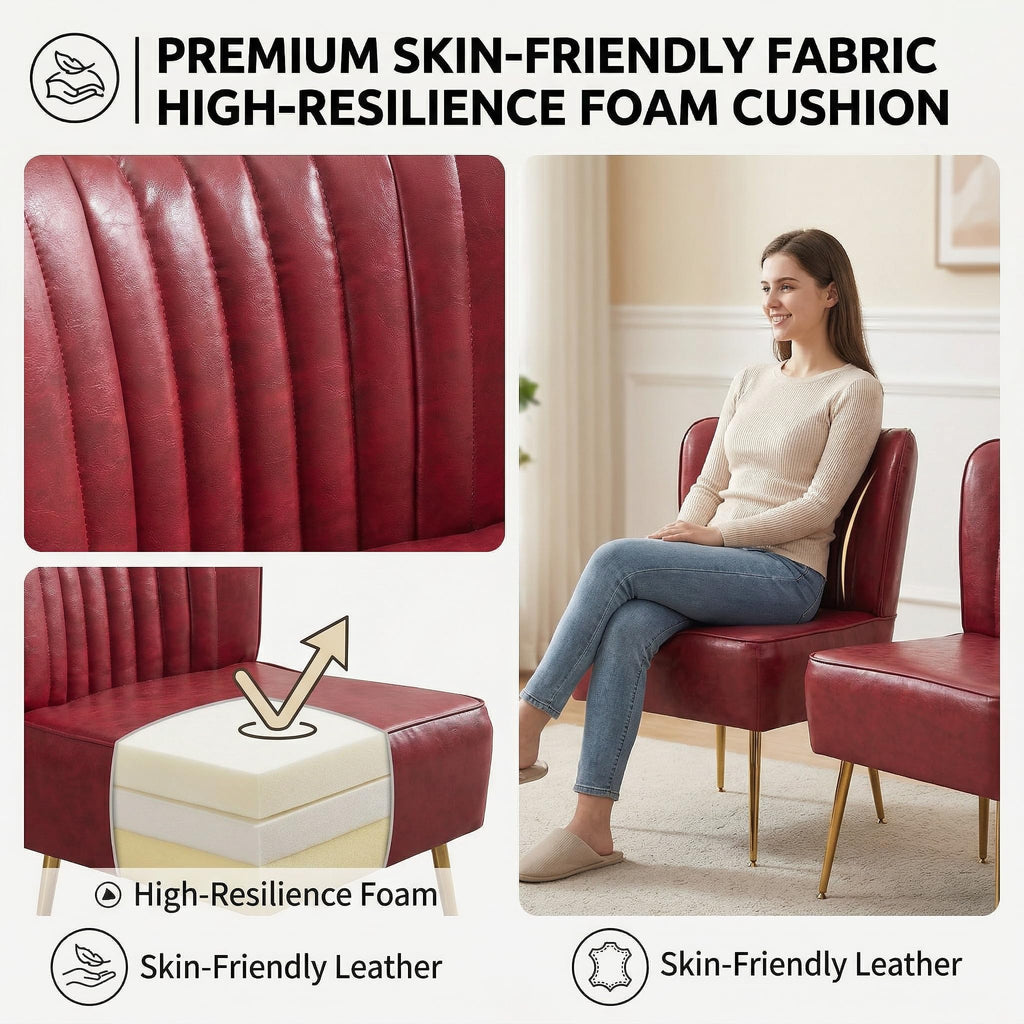 Modern Leather Accent Chair Single 1 Pack, Vintage Slipper Chair with Heavy Duty Iron Frame & Gold Legs, Mid Century Side Sofa Chair for Living Room Office（Wine Red）