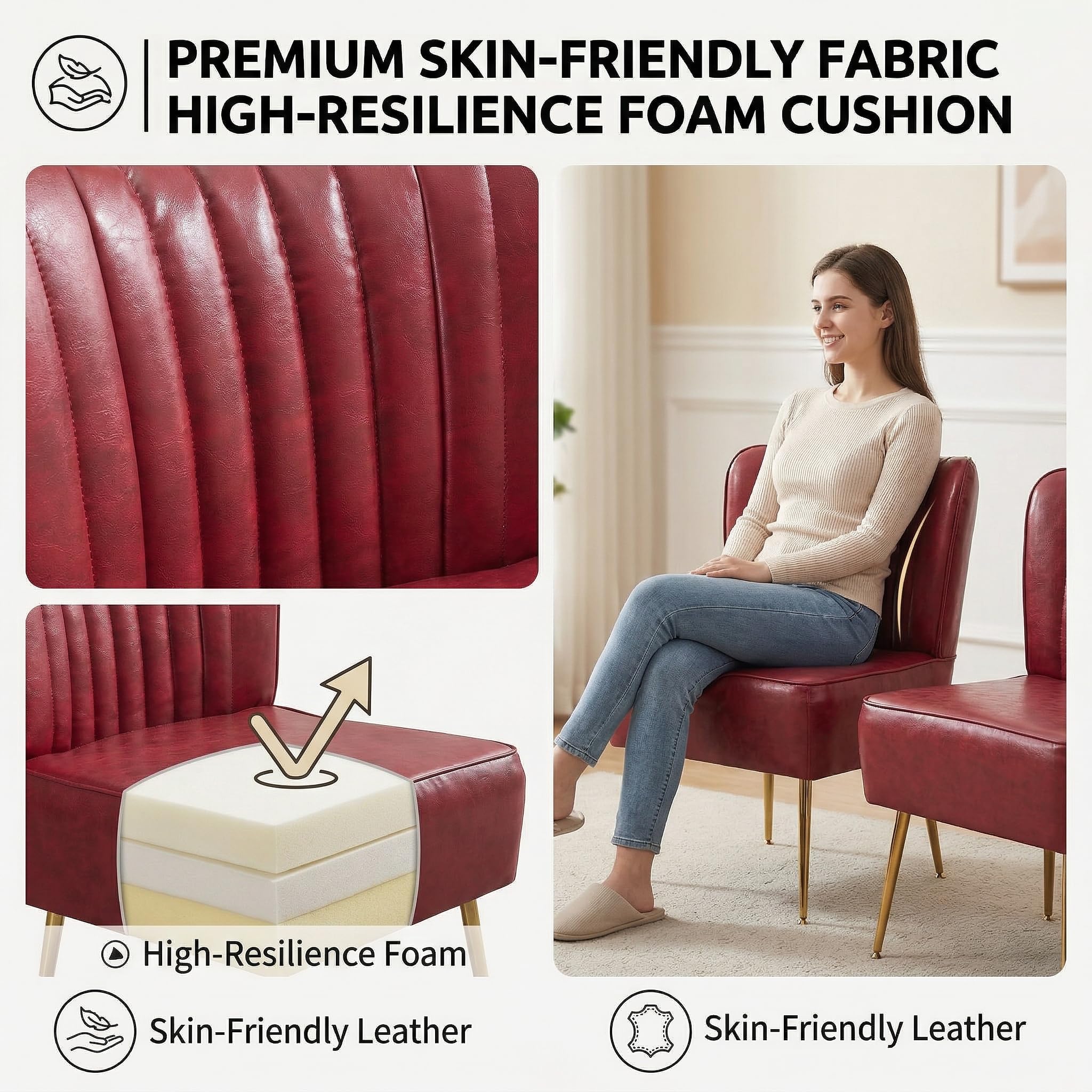 Modern Leather Accent Chairs Set of 6, Vintage Slipper Chair with Heavy Duty Iron Frame & Gold Legs, Mid Century Side Sofa Chair for Living Room Office（Wine Red）