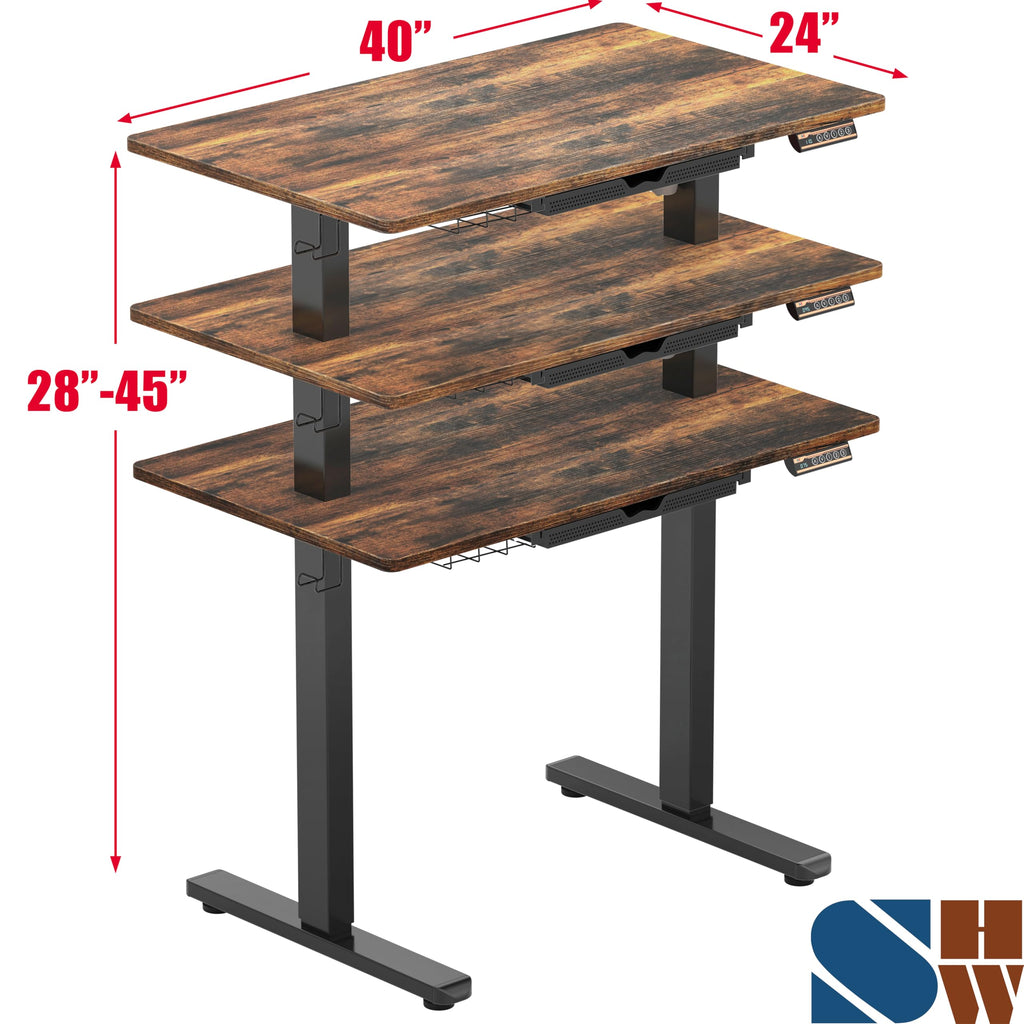 40-Inch Electric Height Adjustable Standing Desk with Drawer, Memory Preset and Cable Management Tray, Rustic Brown
