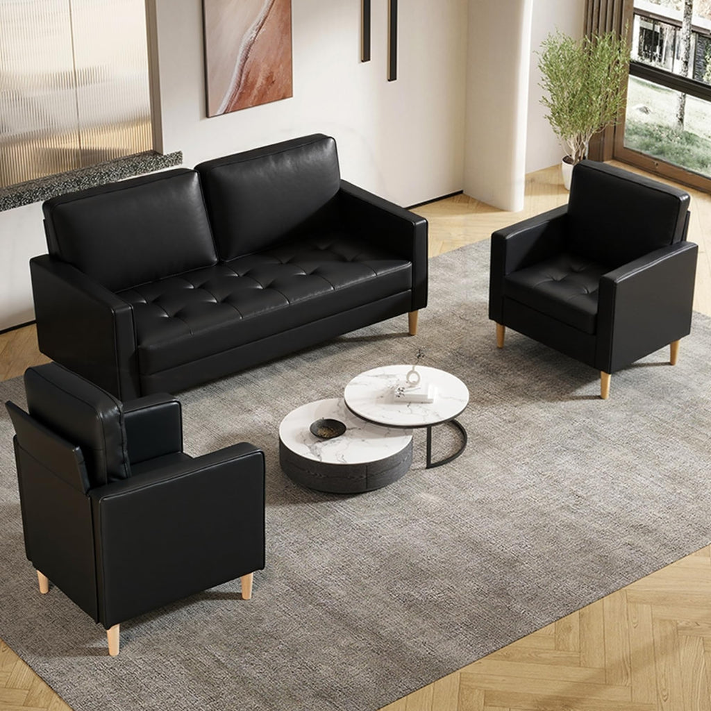 Mid-Century Sectional Sofa Couch Set Faux Leather Office 3 Pcs Couch Set with Armrest Modern Upholstered Loveseat Couches for Livingroom (1-Seater+1-Seater+2-Seater, Black)