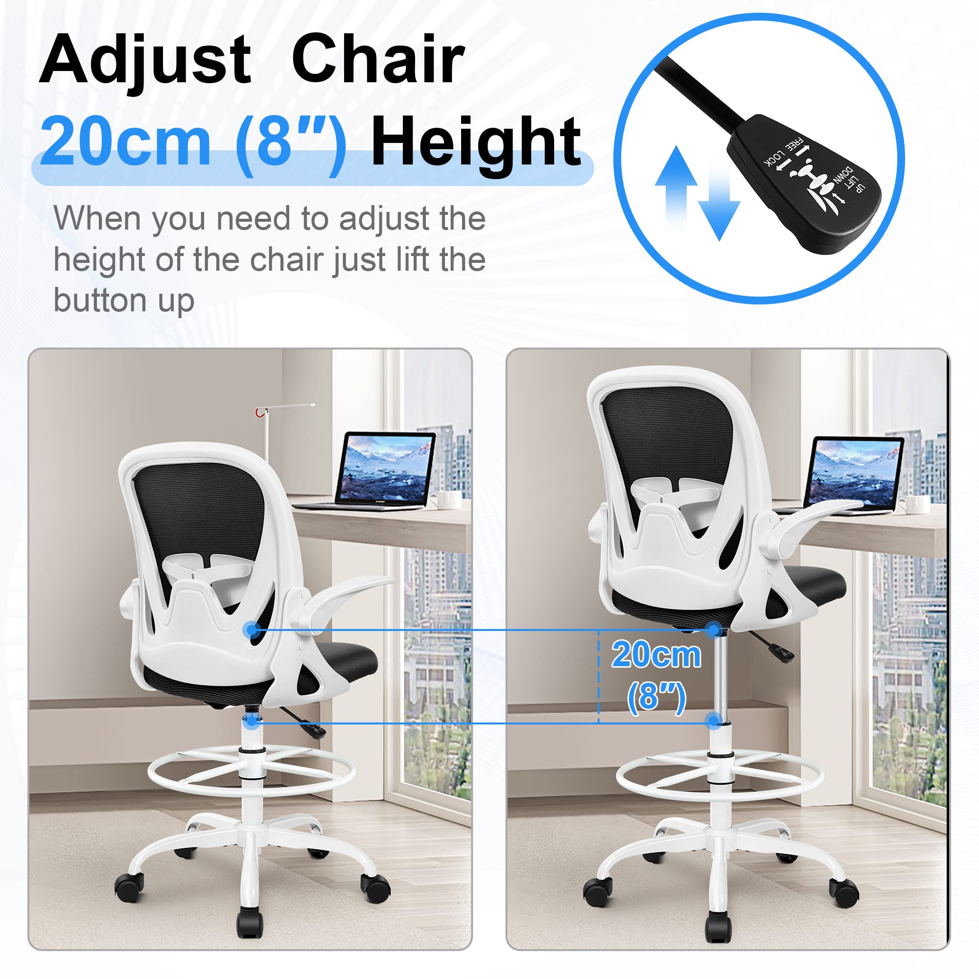 Ergonomic Drafting Chair with Flip-up Armrests Tall Office Chair for Standing Desk Comfortable Desk Chair with Adjustable Footrest Ring and Lumbar Support in Gray Perfect for Home (White)