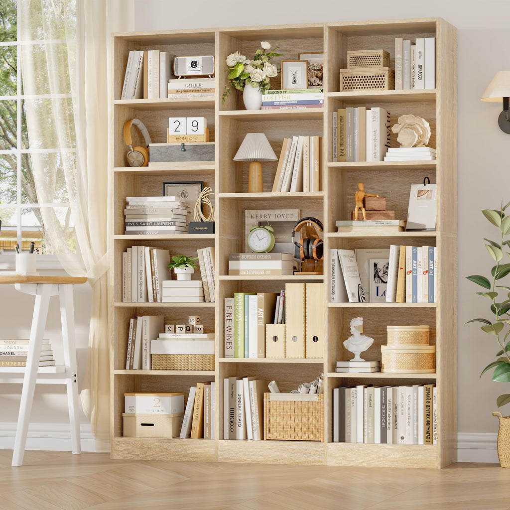 Triple Wide Bookshelf, Large Bookshelf with 17 Display Shelves