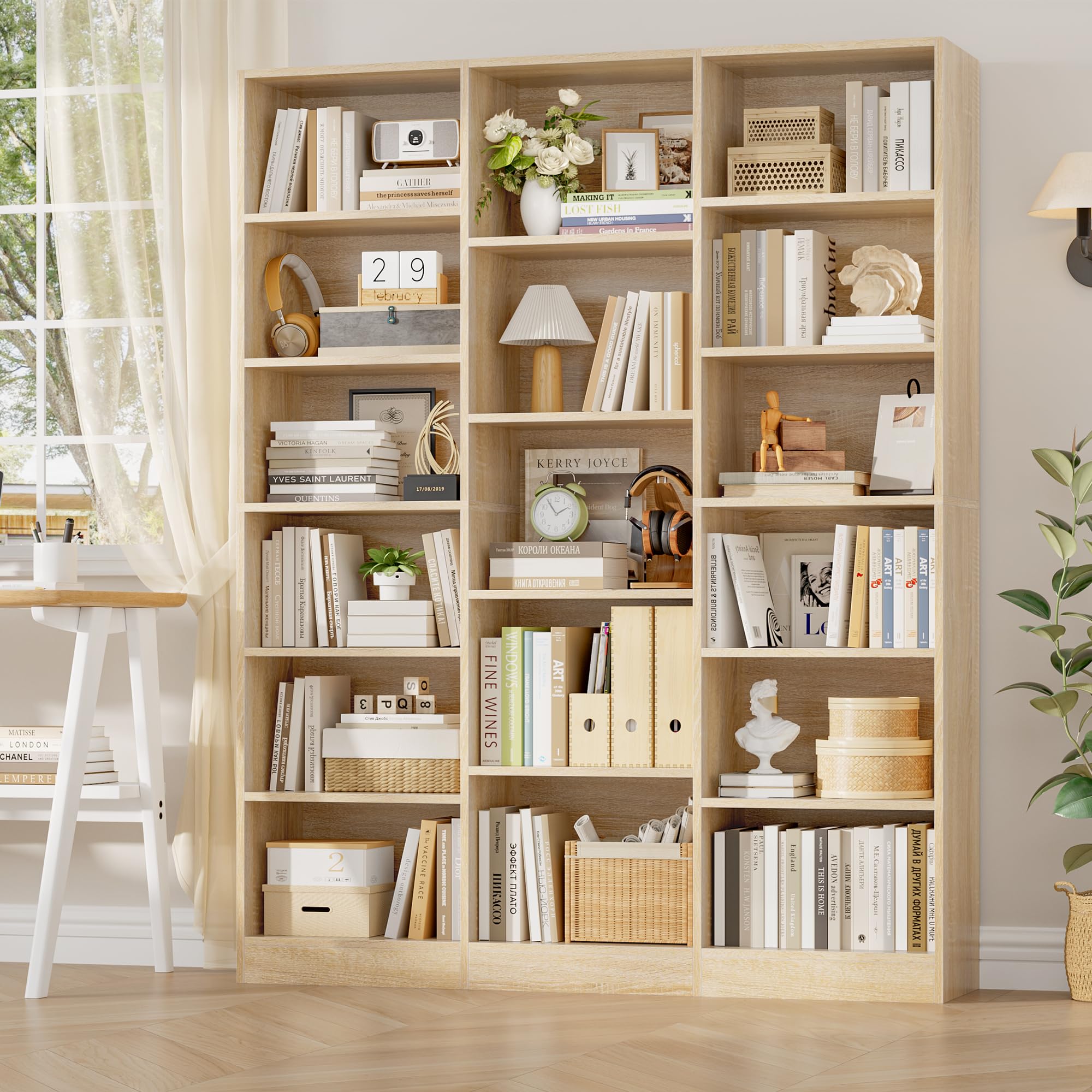 Triple Wide Bookshelf, Large Bookshelf with 17 Display Shelves