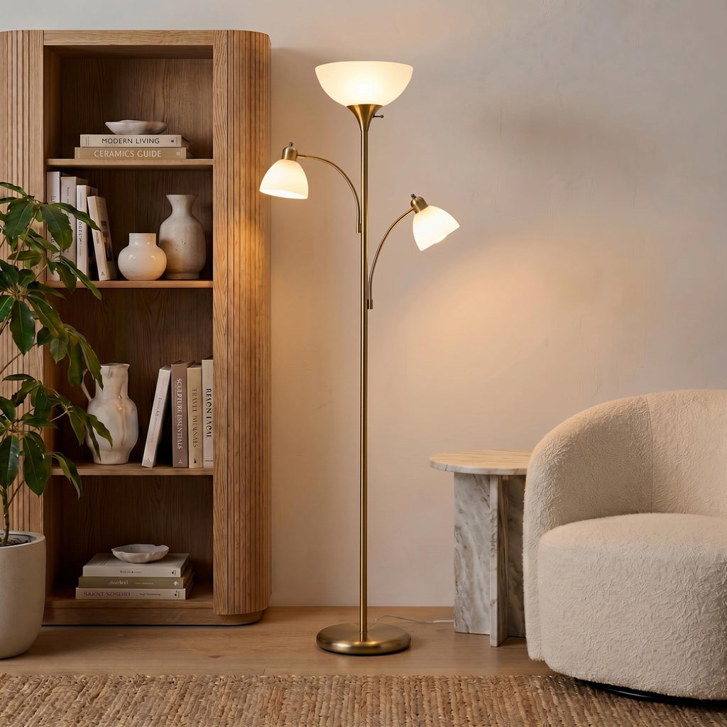 Sky Dome Double LED Floor lamp, Torchiere Super Bright Floor Lamp with 2 Reading Lamps for Living Rooms & Offices - Dimmable Tall Standing Lamp for Bedroom Reading - Tall Brass Pole