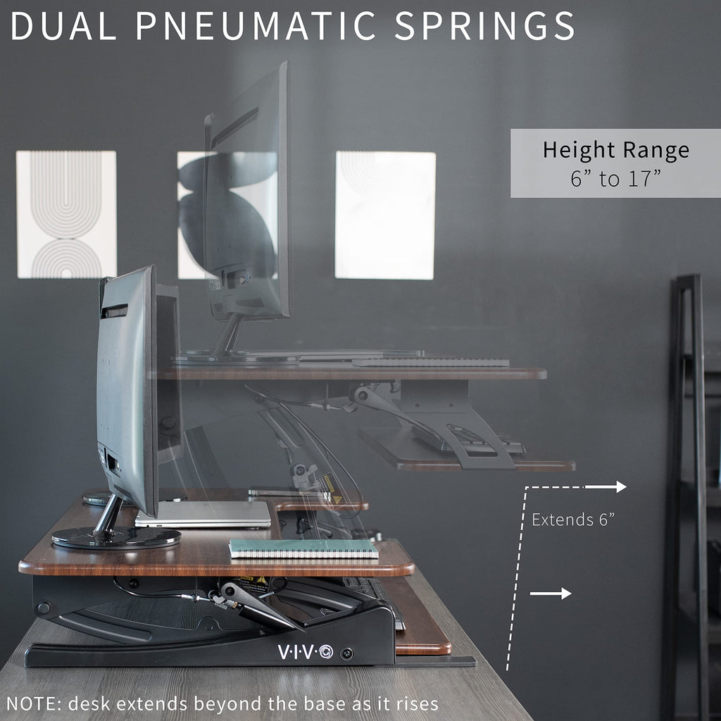 42 inch Height Adjustable Stand Up Desk Converter, V Series, Quick Sit to Stand Tabletop Dual Monitor Riser Workstation, Dark Walnut Top, Black Frame