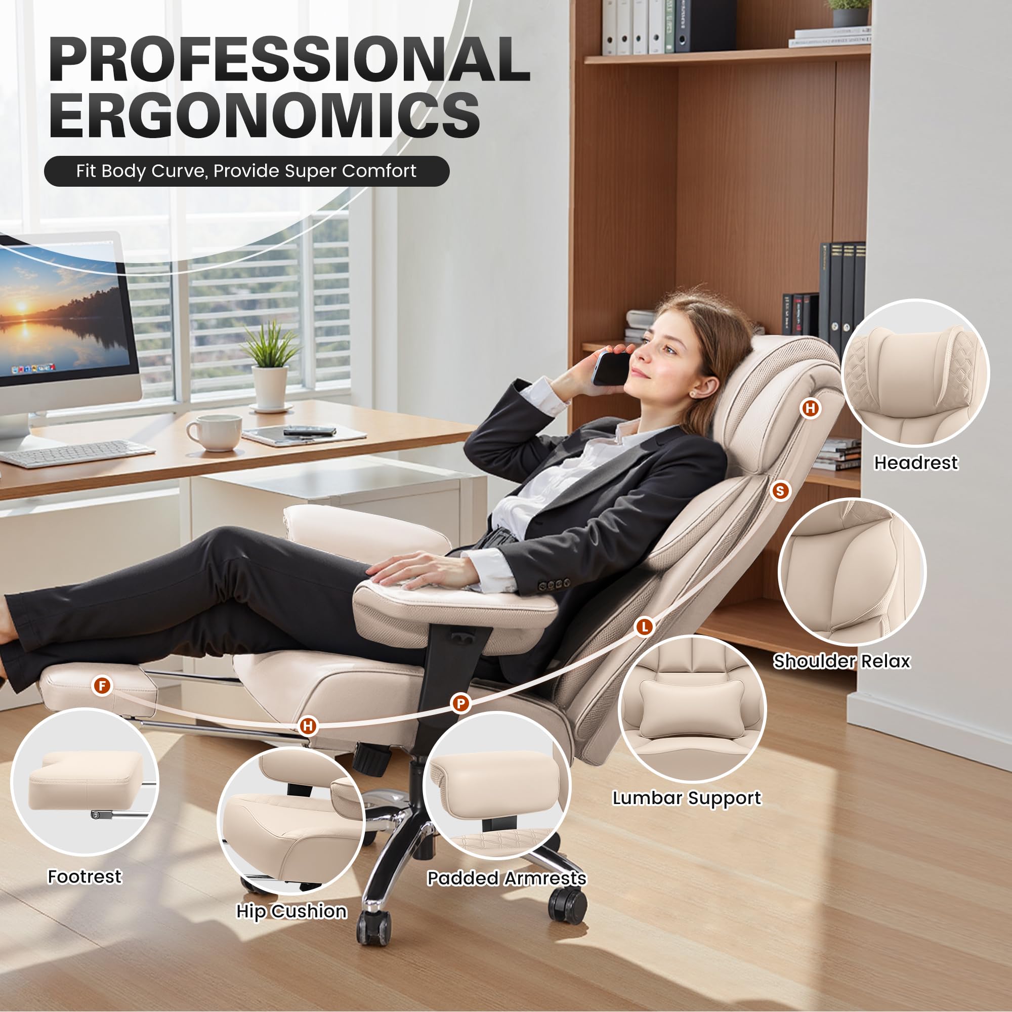 Office Desk Chair, Big and Tall Leather Gaming Chair with Footrest, Wide Ergonomic Comfy Executive High-Back Reclining Computer Chairs, Swivel Rolling Wheels and Padded Lumbar Support, Beige