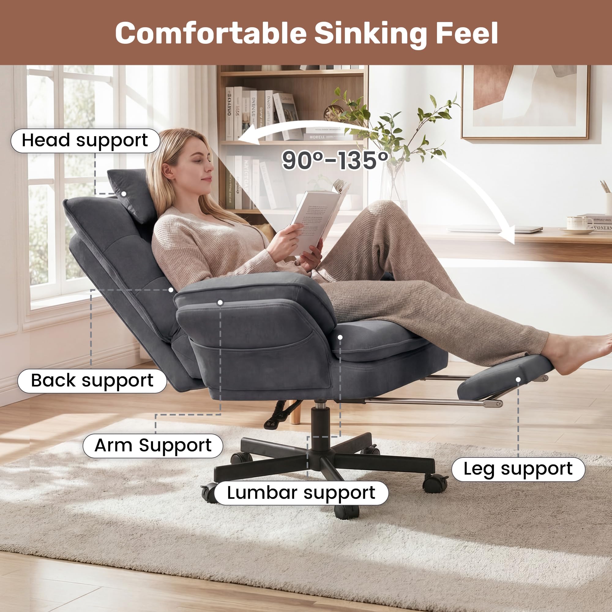 Criss Cross Office Chair with Foot Rest, Big and Tall Criss Cross Chair with Flip-Up Arms and Headrest, 135° Reclining Swivel Velvet Cross Legged Office Chair with Wheels, Cloud Chair for Home (Gray)